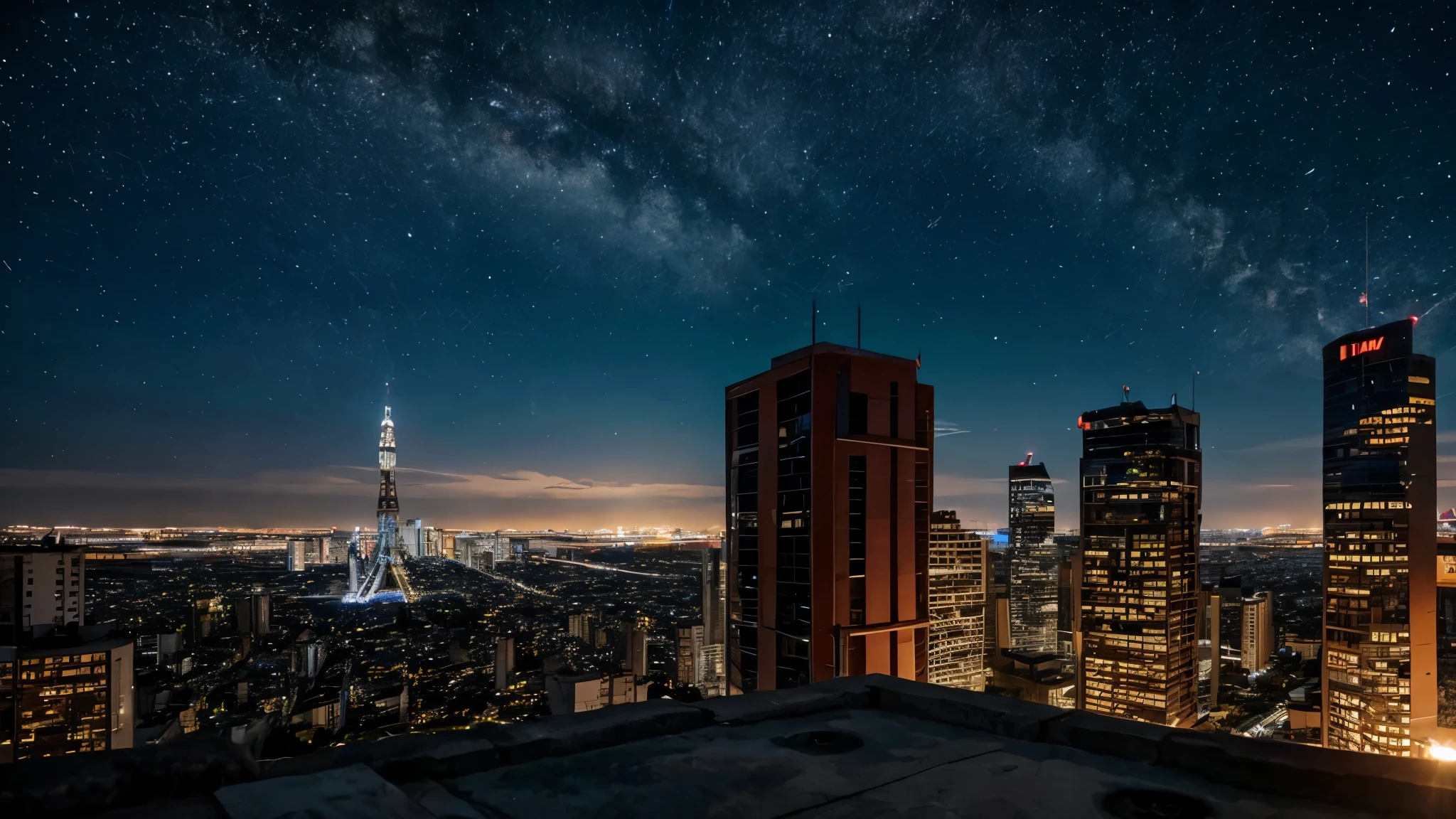 Ciudad futurista nocturna noche estrellada