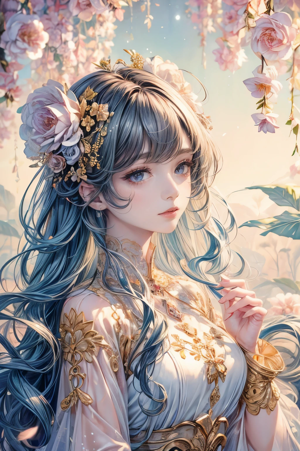 (best quality,8k,CG),upper body details,lone girl,floral forest background,intricate facial features,elegant long curly hair,almond-shaped large eyes,detailed eye makeup,long eyelashes,shimmering stars,delicate lip details,soft and harmonious style.