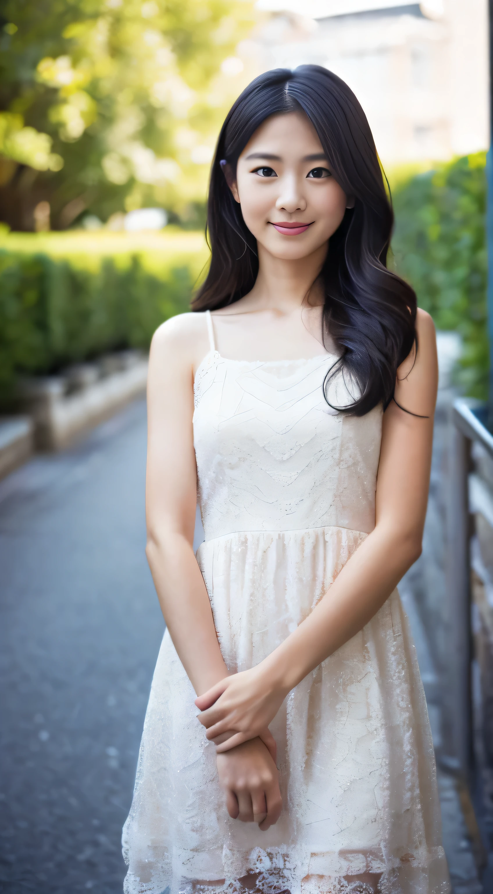 (Top Quality, 8K, Masterpiece: 1.3)), (1 person: 1.4), 1girl, Japan woman, Goddess, 15 years old, portrait photography, high contrast, divine perspective, aperture F1.2, focal length 24mm, (full body: 1.2), smile, photo pose, fine lace, slip dress, simple cut dress, brand dress, simple cut, long black hair, hair tying, ultra detailed skin details, Detailed fabric texture