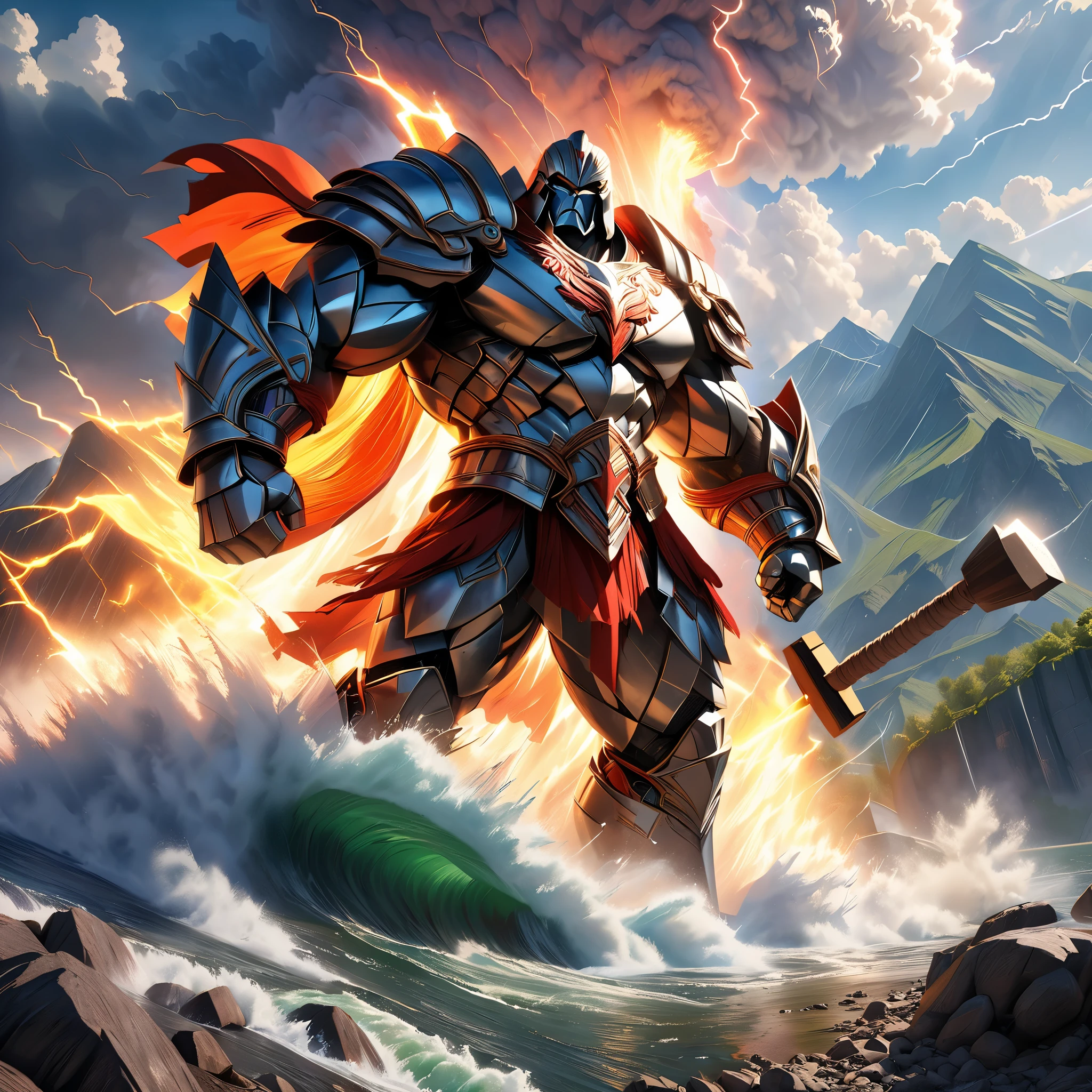 A giant noble titan, ancient myth, enormous figure, majestic strength, wielding a massive hammer, feet stepping on mountains and rivers, surrounded by awe-inspiring thunder and lightning, imposing and mysterious,best quality,4k,8k,highres,masterpiece:1.2,ultra-detailed,(realistic,photorealistic,photo-realistic:1.37),HDR,UHD,studio lighting,ultra-fine painting,sharp focus,physically-based rendering,extreme detail description,professional,vivid colors,bokeh,portrait,monochrome,high contrast colors, dramatic lighting