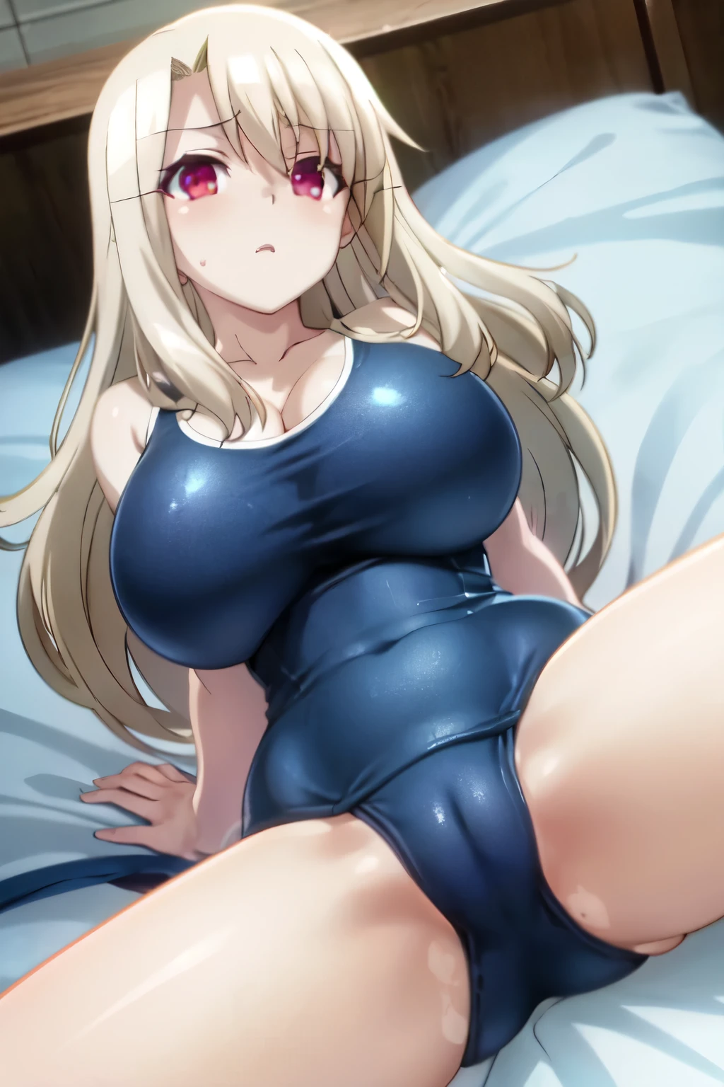 (one-piece swimsuit, old school swimsuit:1.3), aaillya,long_hair,blonde_hair,red_eyes,hair_between_eyes,bangs,white_hair, 1girl, solo, from above, 9 , (gigantic breasts:1.4), short stature, Short arms, Short legs, spread legs, open legs, perfect anatomy, thighhighs, pussy line, looking up, blush, ecstasy, bed, bedroom, absurdres, anime colored, official art, (anime screencap:1.2), masterpiece, best quality,