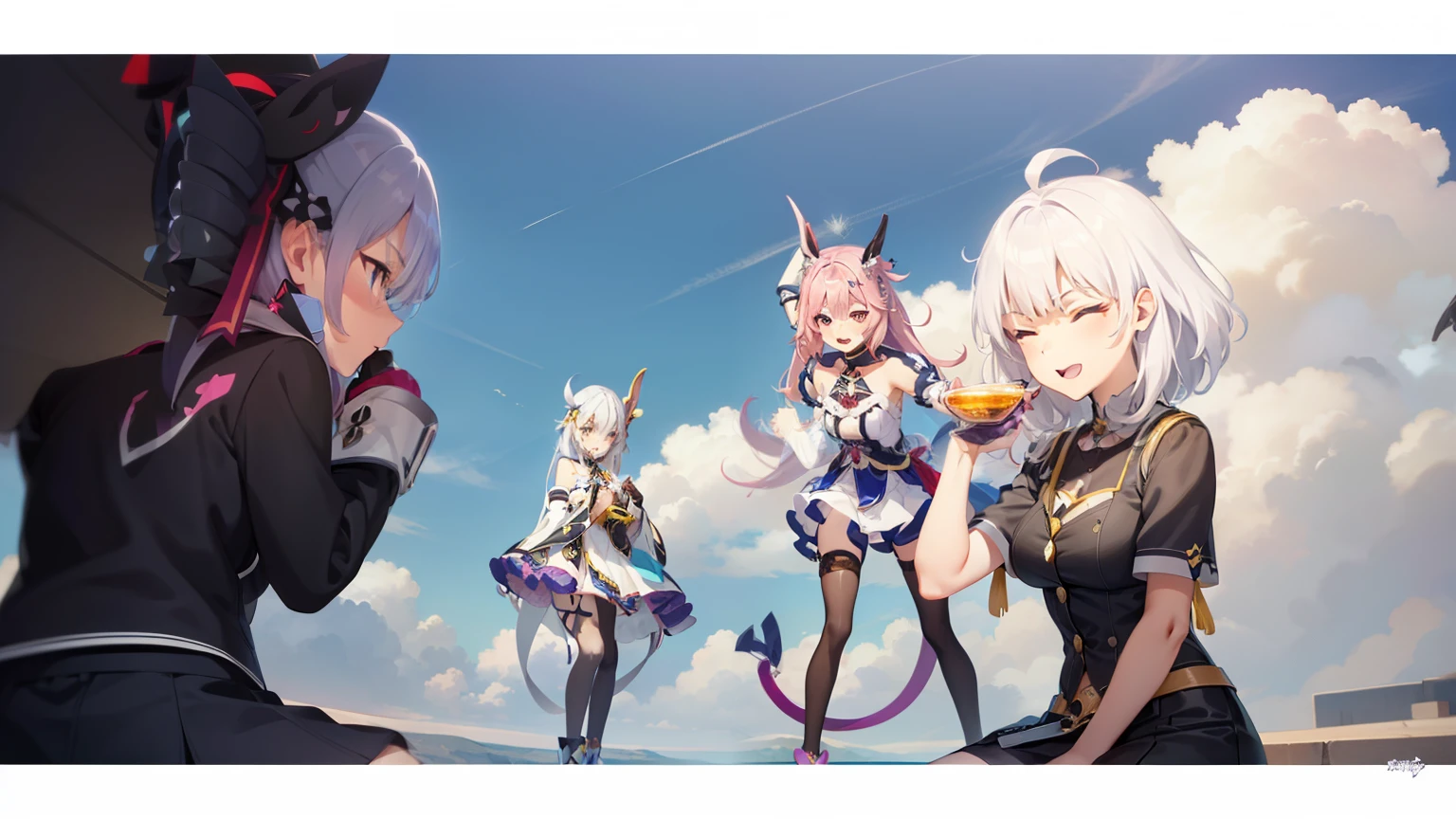 Anime characters lined up against the background of the sky., From the video game Azur Lane, Macross Delta, Azur Lane characters, Cool anime, Azure Lane Style, Anime Magical Girl Maho Shojo, Today&#39;s featured anime is still there., video game genshin impact, genshin, Visual Novel CG, Anime in fantasy style, official artwork