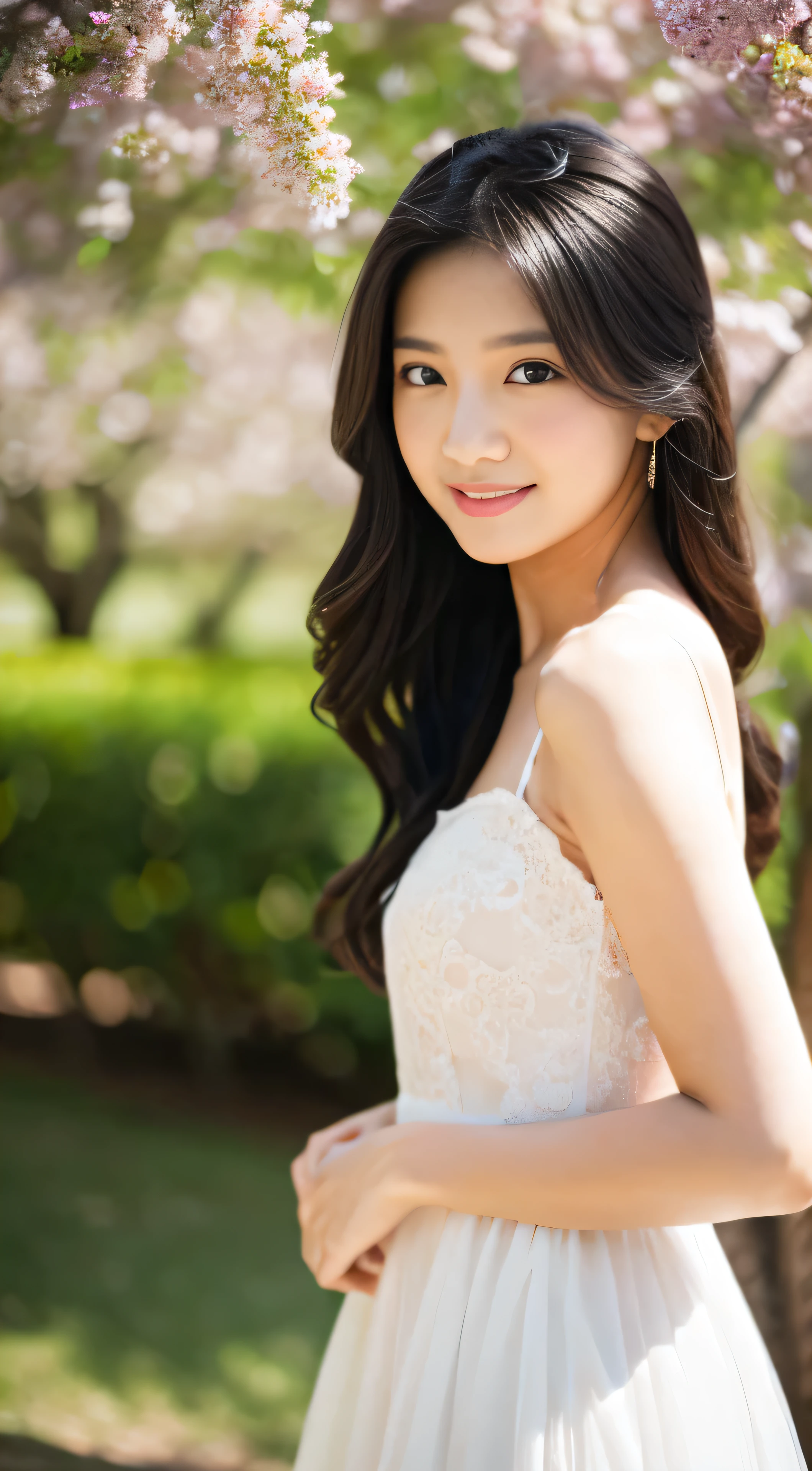 (Top Quality, 8K, Masterpiece: 1.3)), (1 person: 1.4), 1girl, Japan woman, Goddess, 15 years old, portrait photography, high contrast, divine perspective, aperture F1.2, focal length 24mm, (full body: 1.2), smile, photo pose, fine lace, slip dress, simple cut dress, brand dress, simple cut, long black hair, hair tying, ultra detailed skin details, Detailed fabric texture