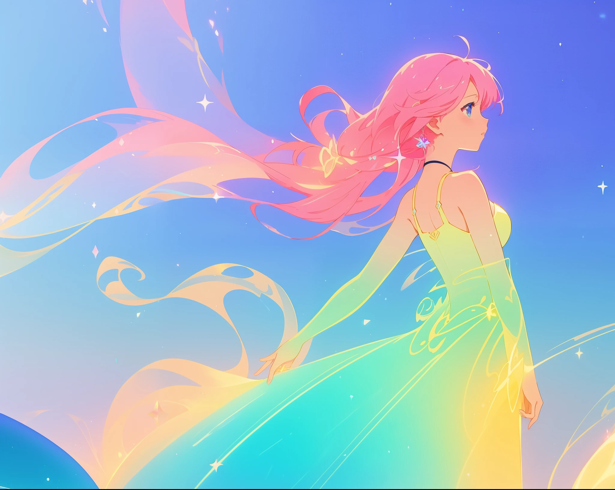 beautiful anime girl in colorful ballgown, vibrant pastel colors, (colorful), magical lights, sparkling liquid light, inspired by Glen Keane, inspired by Lois van Baarle, disney art style, by Lois van Baarle, glowing aura around her, by Glen Keane, jen bartel, glowing lights! digital painting, flowing glowing hair, glowing flowing hair, beautiful digital illustration, fantasia background, whimsical, magical, fantasy, beautiful face, ((masterpiece, best quality)), intricate details, highly detailed, sharp focus, 8k resolution, sparkling detailed eyes, liquid watercolor