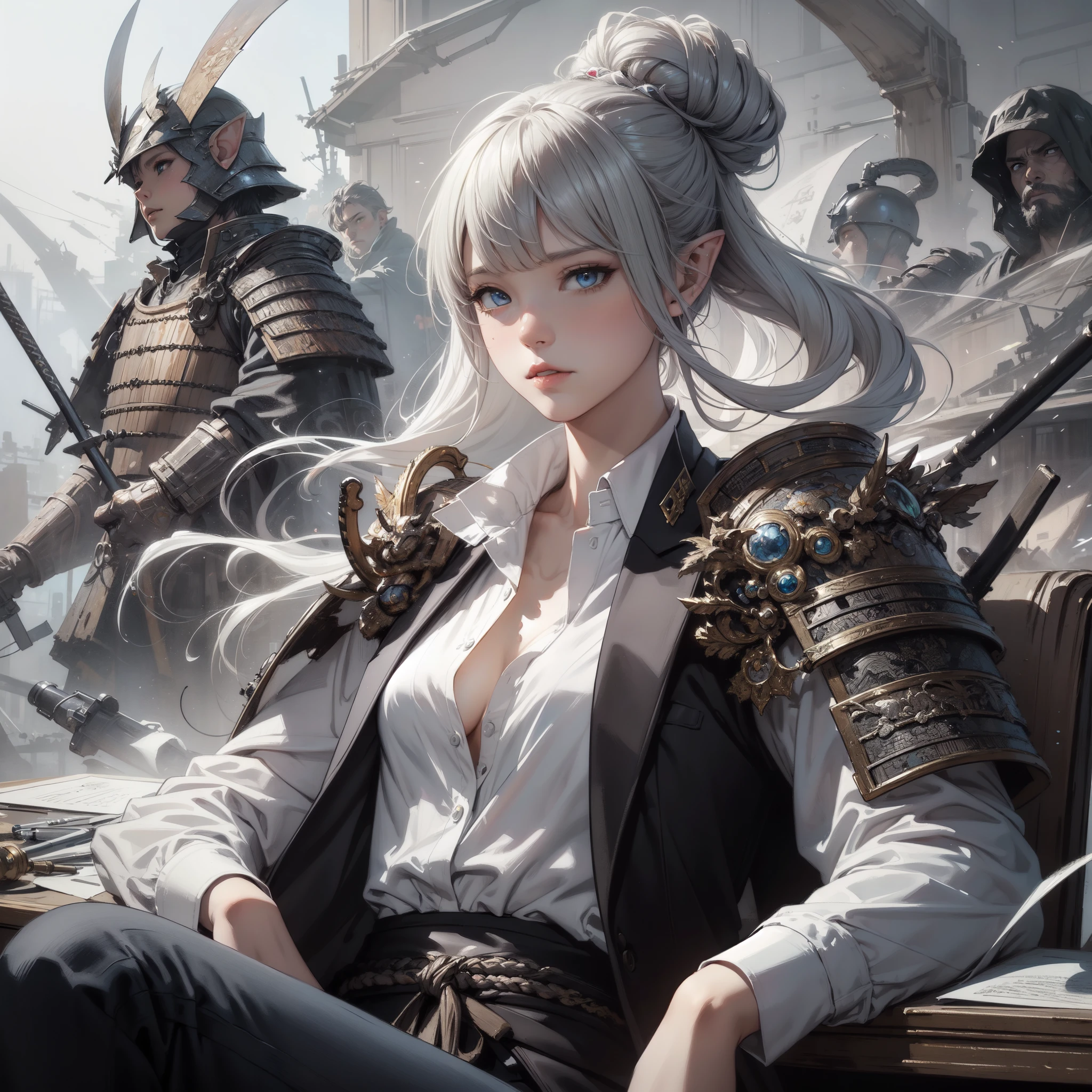 masterpiece, best quality, incredibly detailed, illustration, fantasy, portrait of Shogun elf female, solo, half body, bangs, pixie silver hair, hair bun, blue eyes, white shirt, suit with samurai armor, serious, mature, georgeous, seated office desk, from below, dynamics pose, concepts art by artgerm, ayami kojima, detailed by greg rutkowski, painting by wadim kashin, carne griffiths, arthur rackham.