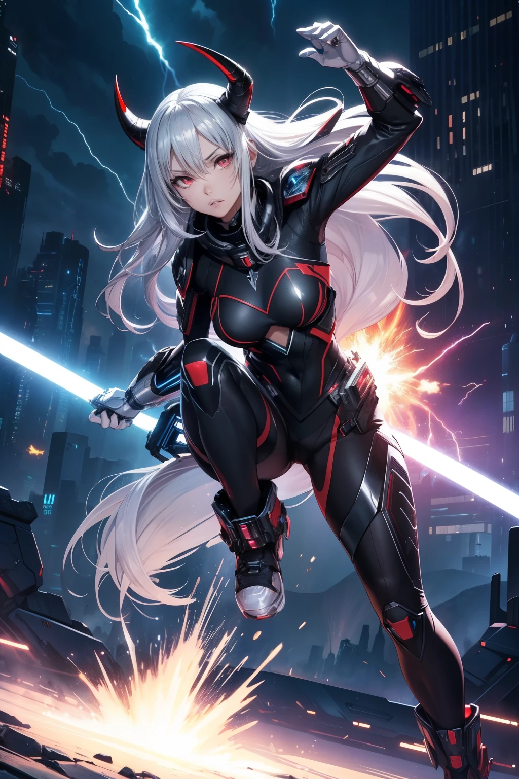(ultimate quality), (copic art:1.4), (realistic:1.2), (photo realistic:1.28), (2.5D:1.3), (texture:0.5), (line art:0.5), (illustration:0.5), (16k), (cyberpunk fantasy), BRAKE Tanin-the-succubus beautiful caucasian woman with straight long (silver hair:1.5), (red eyes:1.3), succubus, attractive appearance, detailed face, detailed lips and eyes, goat horns, expressive face, voluptuous, bangs, hair between eyes,
BREAK cinematic angle, cinematic lighting, cinematic shadow, looking at viewer, (dynamic obscene pose:1.53), (upper body), BREAK space western, starwars, trending in artstation, (explosion:1.2), (insanely detailed), ((plasma burst, lightning):1.4), ninja pose, combat pose, action, horns:1.4, ((full body shot)), dynamic angle, BREAK 🌌 Slick, powerful AI Girl adorned in glowing symbiotic armor, lost in a dark kingdom, radiating pure energy and enchanting tattoos!
