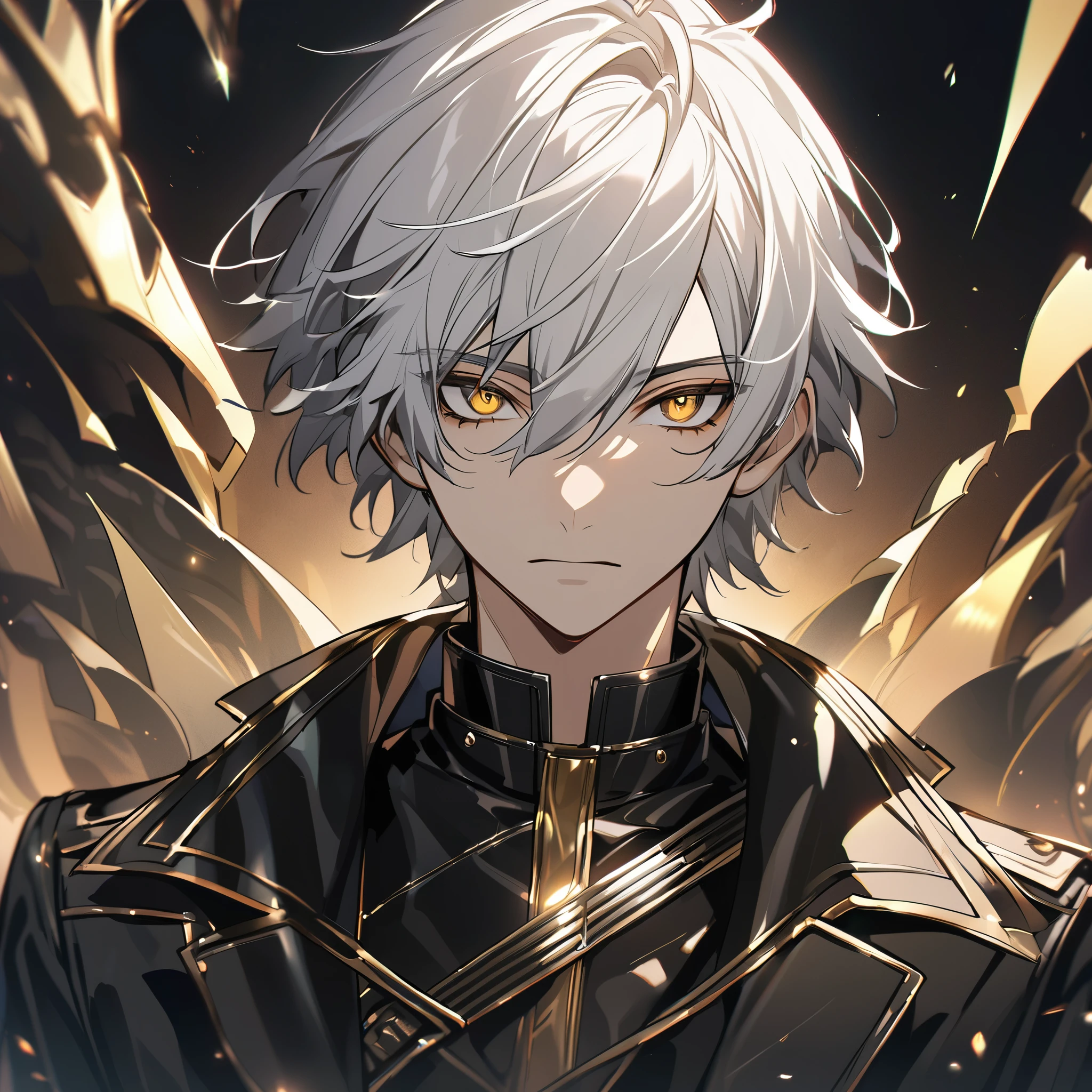 Handsome male, 1male, 17 years old, teenager, golden lining, short white hair, flat cut hair, sharp eyes, gold eyes, devil may cry, close up, calm expression, stoic, black leather clothes, black jacket, black gloves, upper body, looking at viewer, cowboy shot, black dragon background