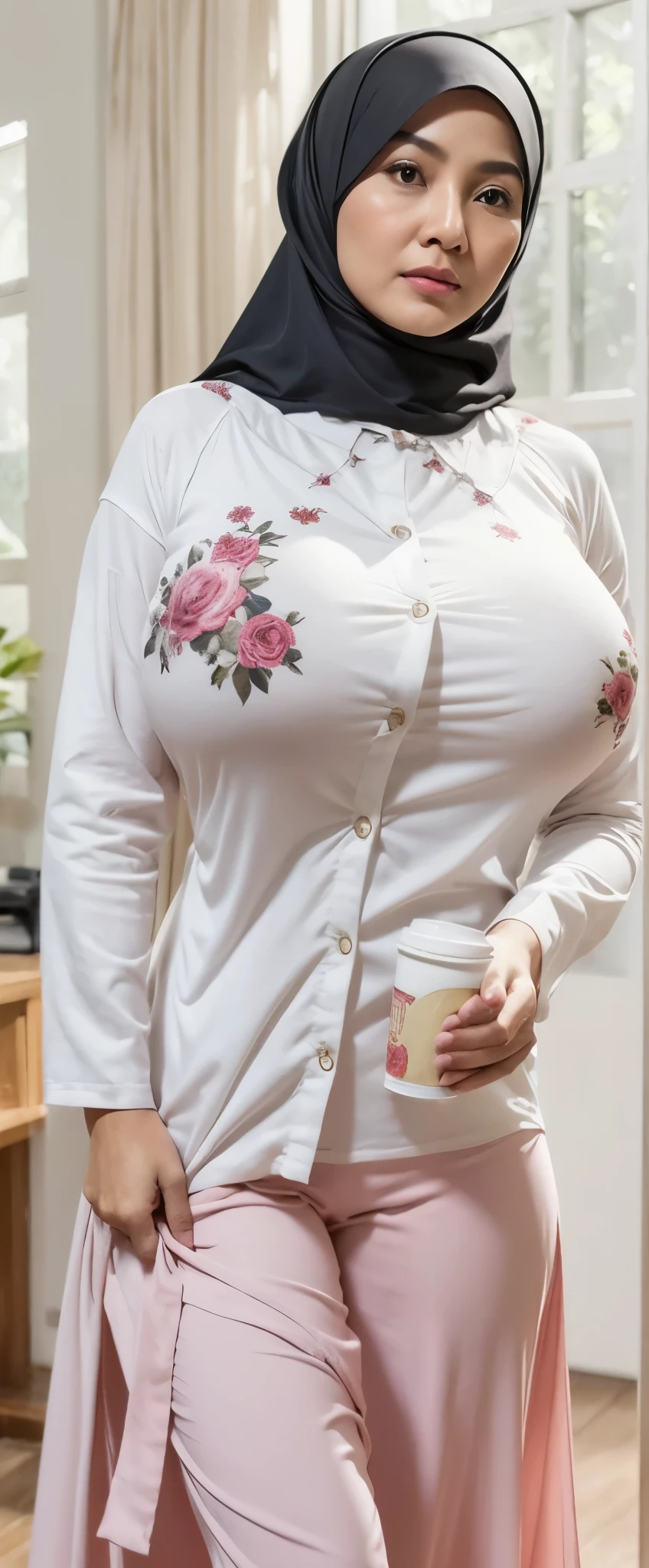 50 years Old, Hijab Indonesian mature woman, Big Tits : 66.9, Gamis, Breast out from her clothes : 1.9, at doctor office, Dark light, at Nighttime