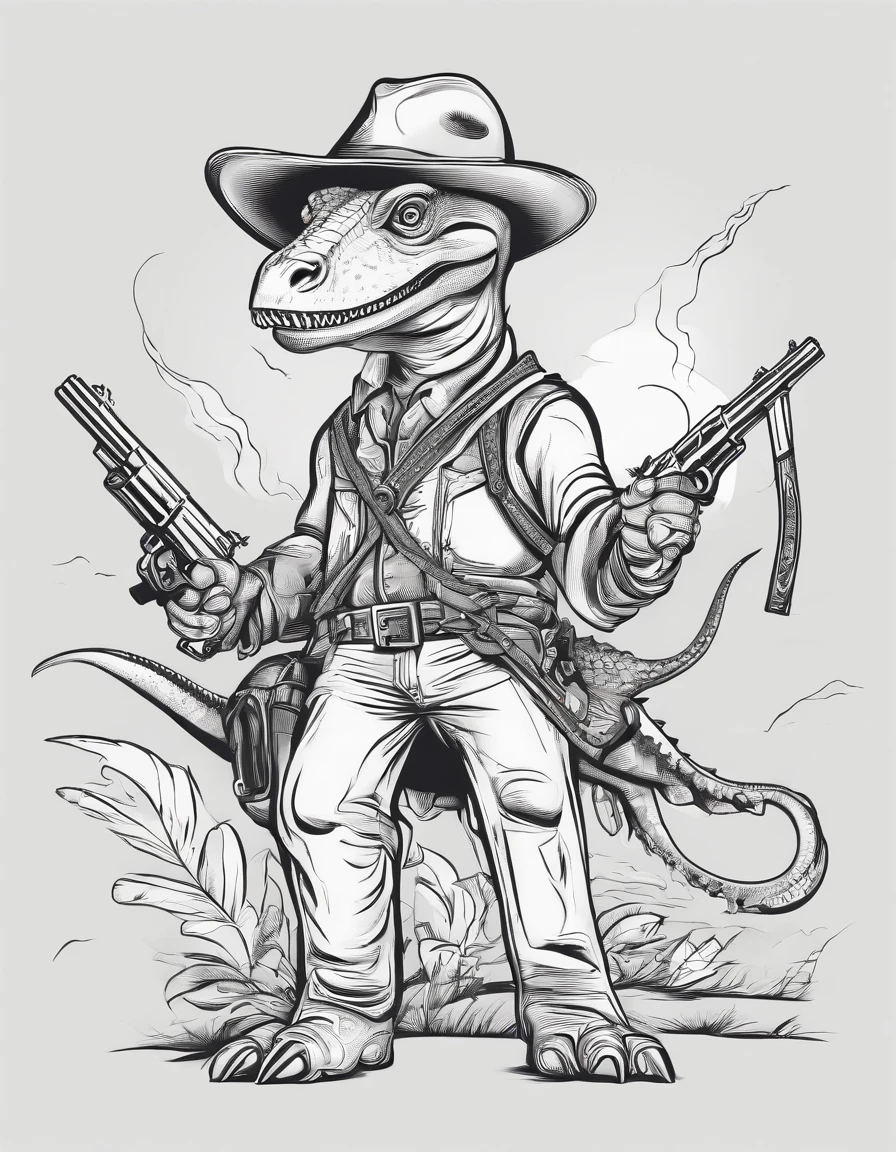 Cowboy Dinosaur with guns,realistic , night nime , black and white!