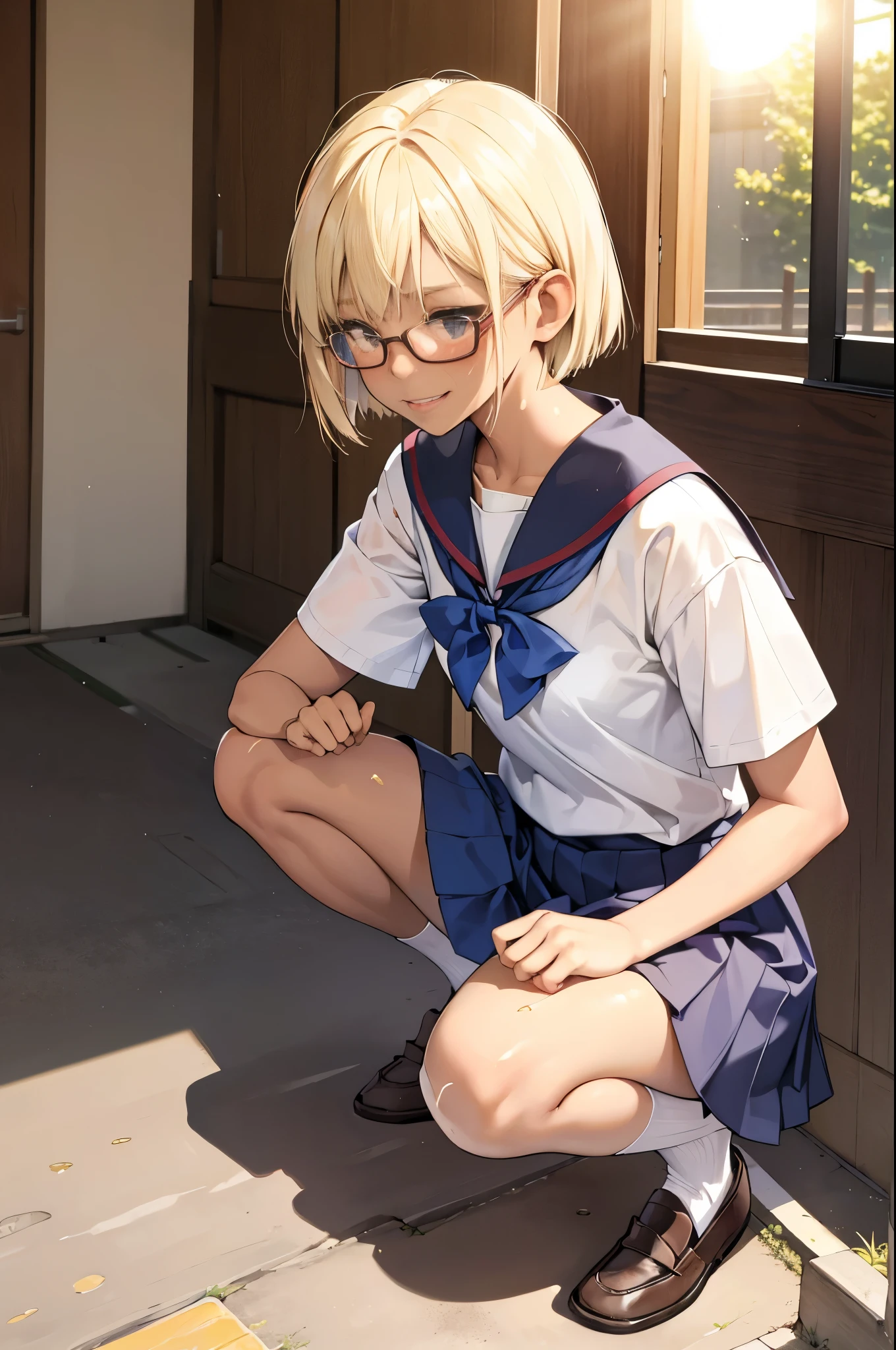 (super flat, flat shading), Honors Type, Really blushing, , Japanese school girl, Short bob cut blonde hair, Glasses, (((sun burn dark skin))), sweaty healthy body, mesugaki smile, school uniform, bare legs, loafers, ultra realistic, early morning, squatting in crowded street, peeing self,
