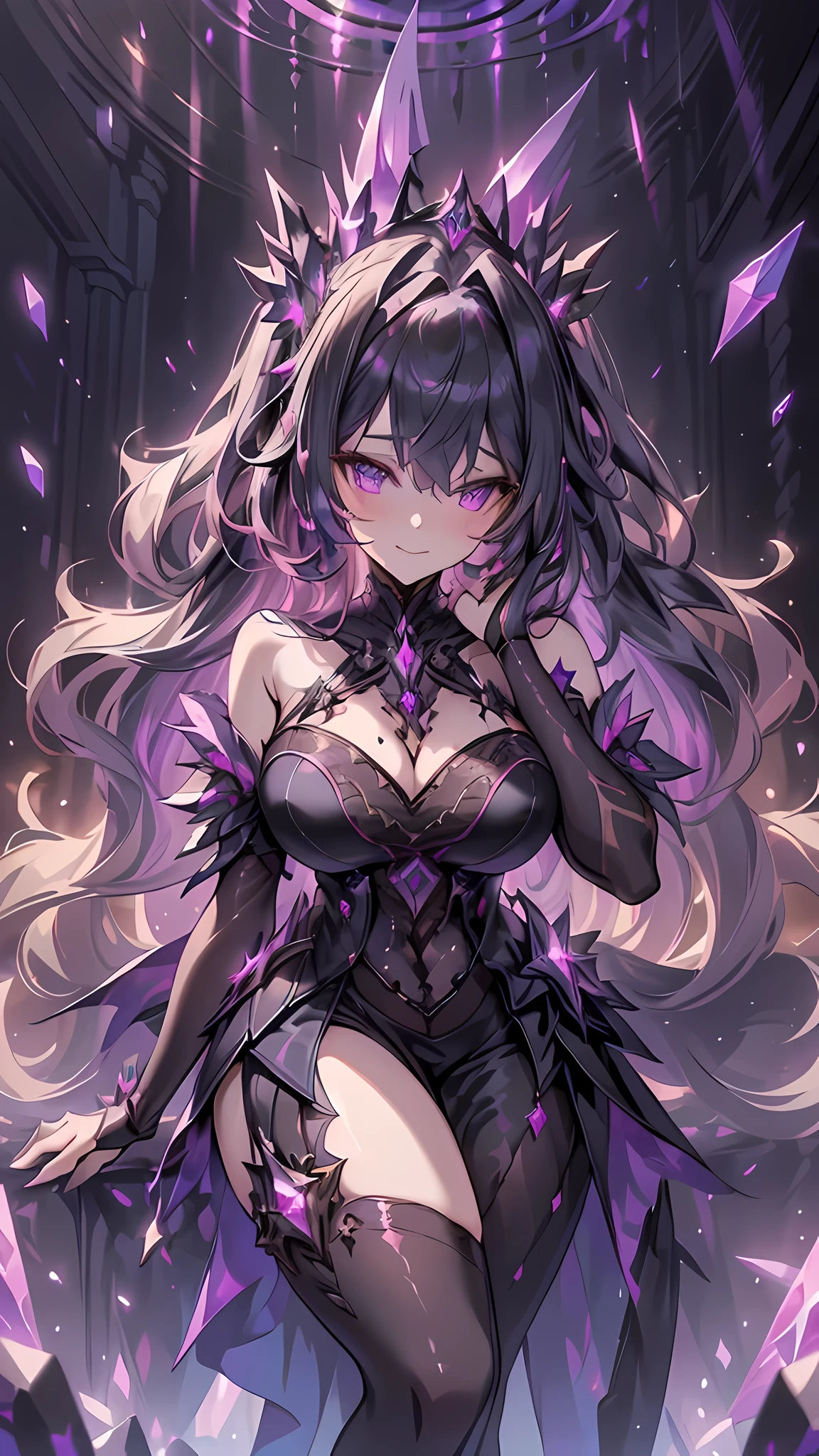 best quality,tmasterpiece,Final resolution,Downy,extremely Coloring,Colouring,lady,a mature female,Purple and black dress long dress,Beautiful black dress,Huge ceiling,(Blonde hair, wavy hair),Black Lence socks,Stiletto Sandals, Pink starry sky,Normal posture,Normal posture,smiles,eyepatch,(huge breasts:1.2),cleavage