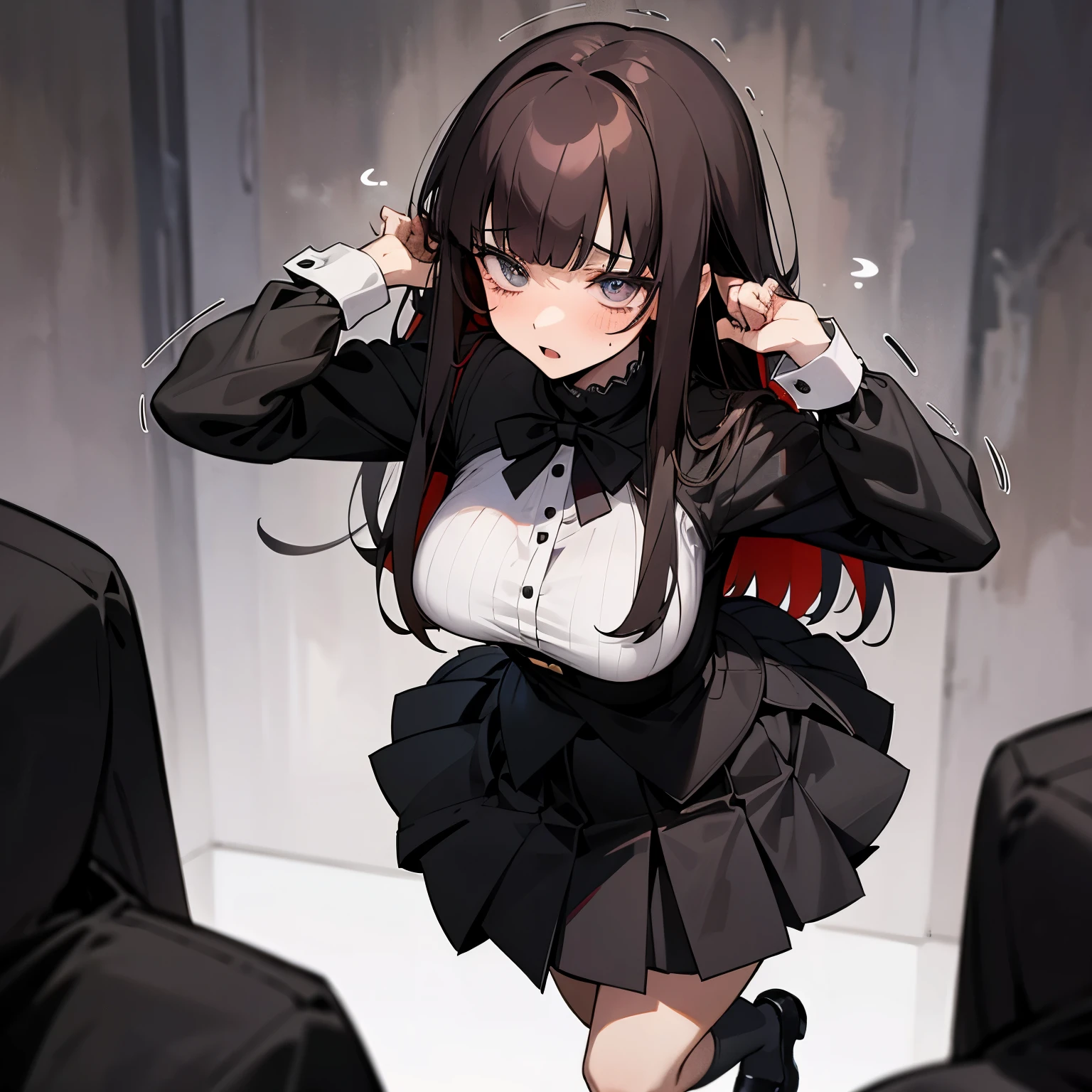 (midnight, it is dark,) anime woman, brunette, blouse, mini pleated skirt, stocking socks black, maryjane shoes, (she is in a haunted house, hiding) breasts, shy, scared