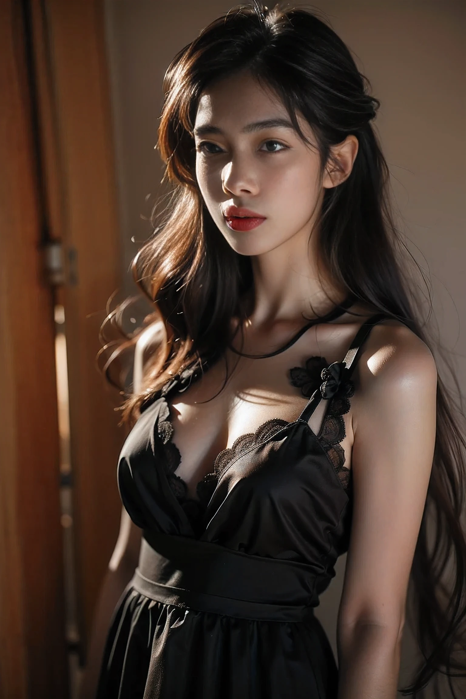 Realistic photography, Taiwanese woman with long hair ,black lace dress