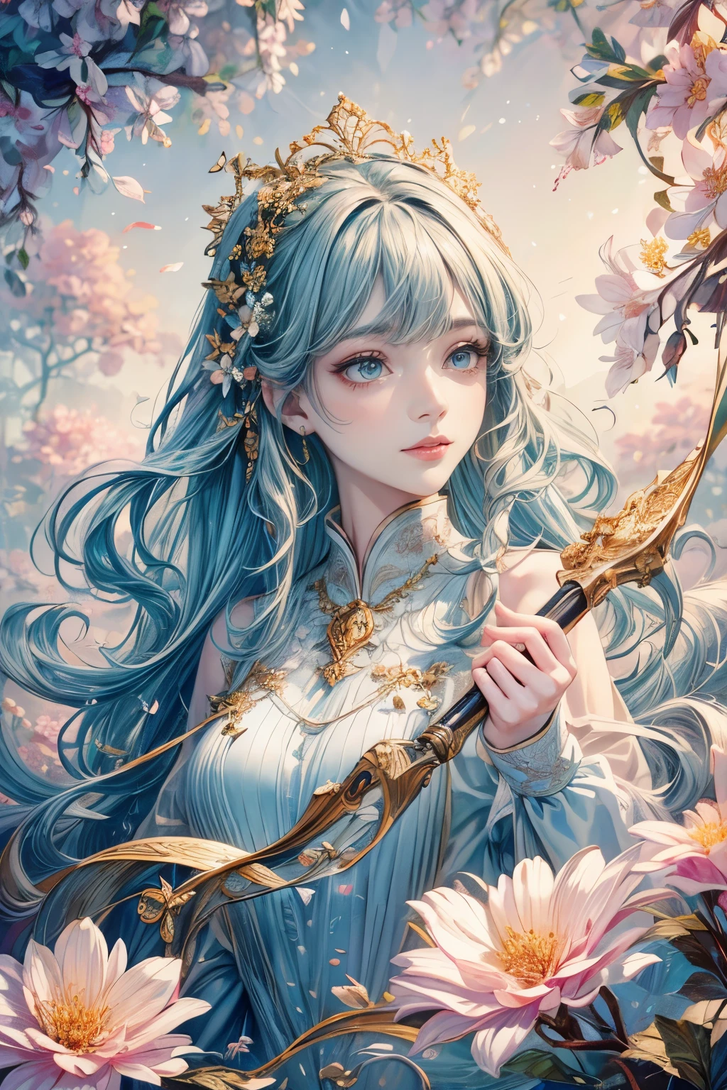 (best quality,8k,CG),upper body details,lone girl,floral forest background,intricate facial features,elegant long curly hair,almond-shaped large eyes,detailed eye makeup,long eyelashes,shimmering stars,delicate lip details,soft and harmonious style.