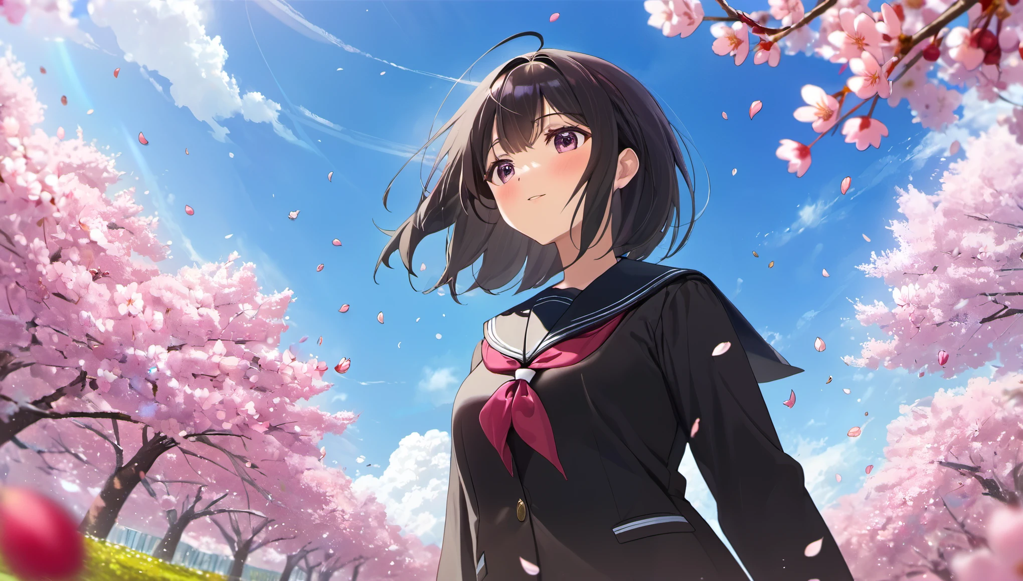 ((masterpiece)),((best quality)),((high detail)),family、Focus on a girl、The girl looks up at the cherry blossoms、black hair、sailor suit、Cherry blossom trees、cherry blossom petals fall、blue sky、field、Composition looking up from below、spring、warm