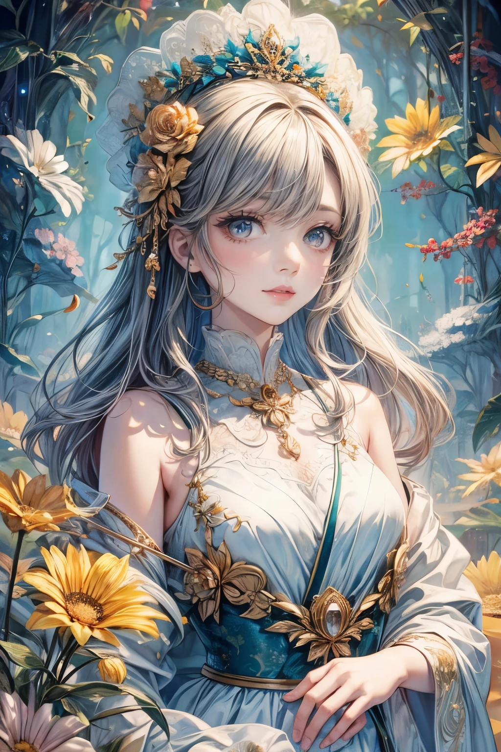 (best quality,8k,CG),upper body details,lone girl,floral forest background,intricate facial features,elegant long curly hair,almond-shaped large eyes,detailed eye makeup,long eyelashes,shimmering stars,delicate lip details,soft and harmonious style.