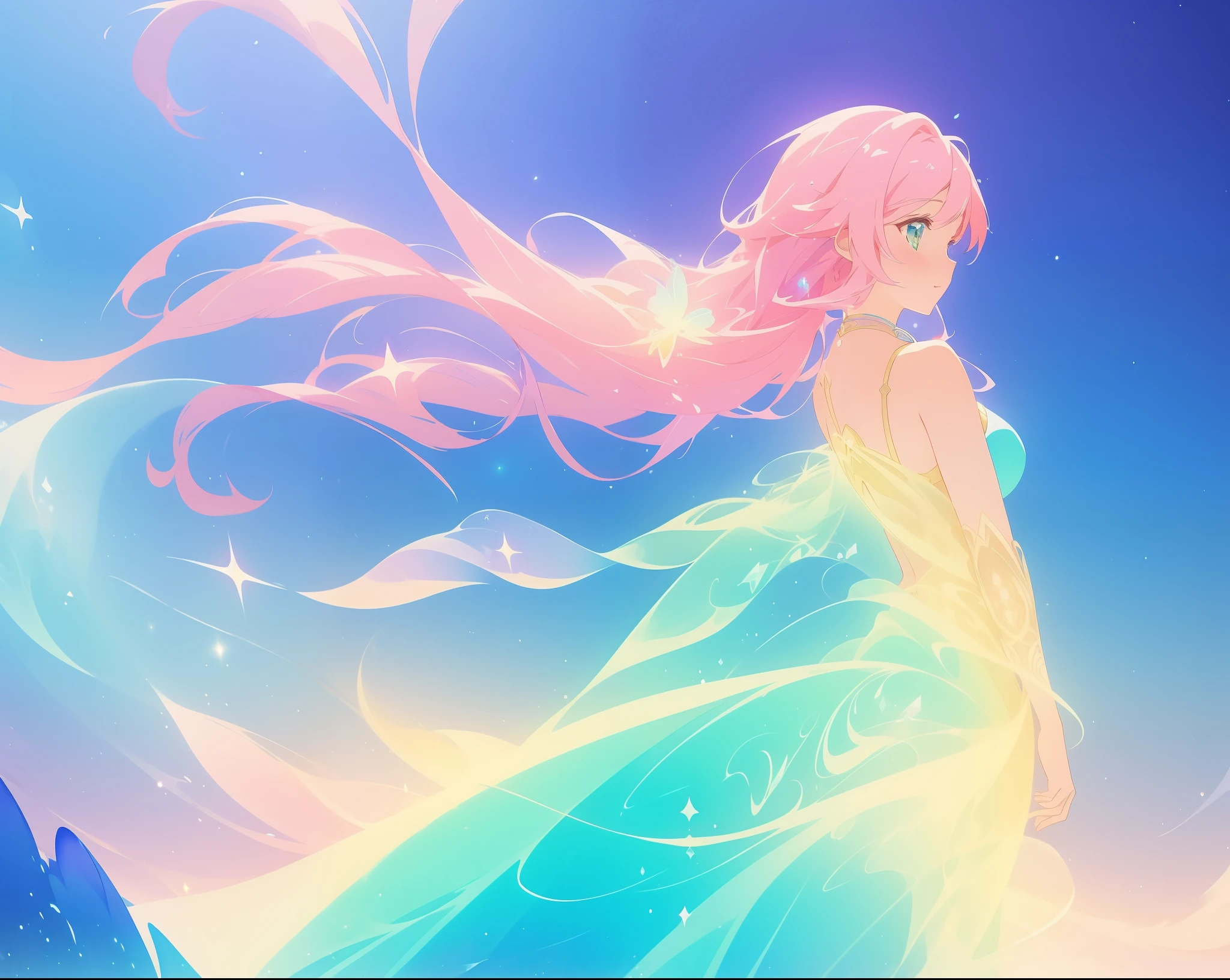 beautiful anime girl in colorful ballgown, vibrant pastel colors, (colorful), magical lights, sparkling liquid light, inspired by Glen Keane, inspired by Lois van Baarle, disney art style, by Lois van Baarle, glowing aura around her, by Glen Keane, jen bartel, glowing lights! digital painting, flowing glowing hair, glowing flowing hair, beautiful digital illustration, fantasia background, whimsical, magical, fantasy, beautiful face, ((masterpiece, best quality)), intricate details, highly detailed, sharp focus, 8k resolution, sparkling detailed eyes, liquid watercolor