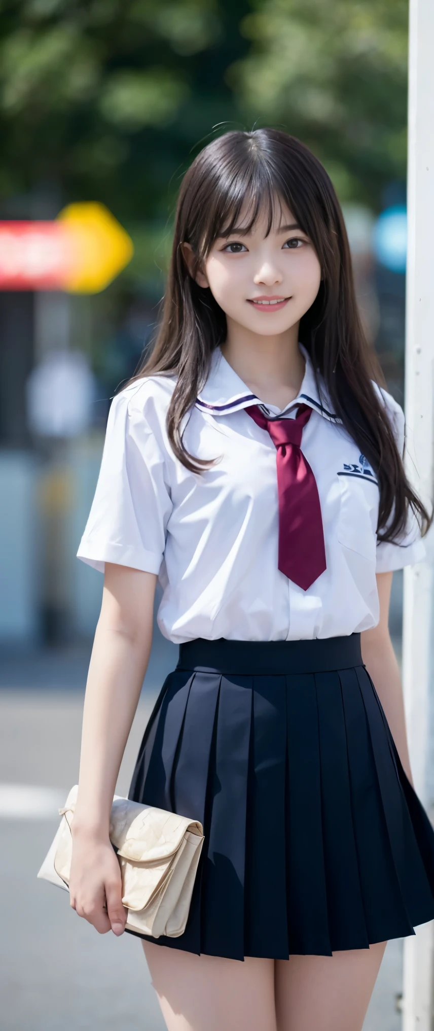 (masterpiece, highest quality:1.2), 8k, 12才のfull nudeの女の子, 85mm,Official AR RAW photo, スーパースリムなスレンダーbeautiful girl, (When I lift up my short navy blue skirt、下Half bodyfull nude、short sleeveの白シャツ、show me your ears、naked girl photoshoot、full nude, cute face, close, Half body, Biolace, gardenia, beautiful girl, school uniform, thighs, short sleeve, stand on the station platform, looking at the viewer, no makeup, (big smile), film grain, chromatic aberration, sharp focus, face light, clear lighting, Ten generations, detailed face, background bokeh, (dark red tie:1.1)、(((((( girl))))))、((((((12才のfull nude女子高生)))))、thin waist