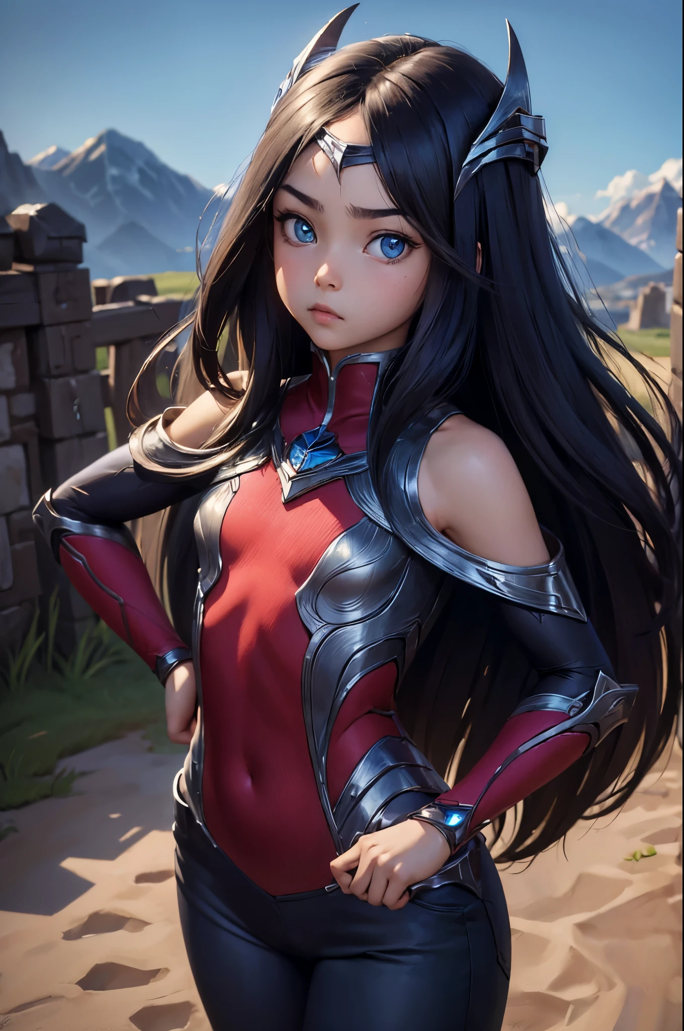 (masterpiece, best quality:1.2), expressive eyes, perfect face, highres, (small:1.5), kids,1girl, solo, irelia, bodysuit, bare shoulders, forehead protector, hair ornament, armor, cowboy shot, looking at the viewer,