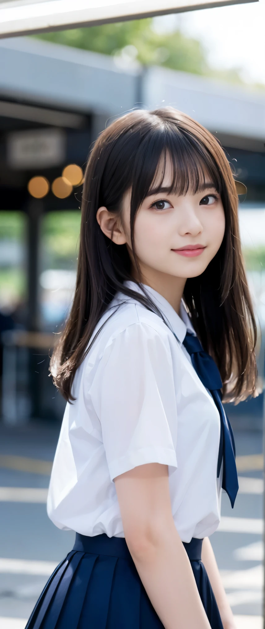 (masterpiece, highest quality:1.2), 8k, 12才のfull nudeの女の子, 85mm,Official AR RAW photo, スーパースリムなスレンダーbeautiful girl, (When I lift up my short navy blue skirt、下Half bodyfull nude、short sleeveの白シャツ、show me your ears、naked girl photoshoot、full nude, cute face, close, Half body, Biolace, gardenia, beautiful girl, school uniform,  Bind your neck with a rope, thighs, short sleeve, stand on the station platform, looking at the viewer, no makeup, (big smile), film grain, chromatic aberration, sharp focus, face light, clear lighting, Ten generations, detailed face, background bokeh, (dark red tie:1.1)、((((((12 year old girl))))))、((((((12才のfull nude女子高生)))))、thin waist、backward view、look back