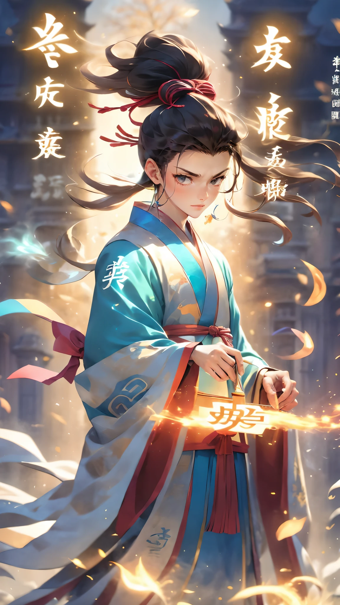 (masterpiece, best quality:1.2),Wen Dao Sheng Zun, black hair,1boy, blue eyes,Energy pairing, chinese clothes,smoke, gradient sky,Multiple light spots,Golden flame,dawn,The couplet behind it,Red Theme,Red Hanfu,Foreground white cloud and mist,Upper body,Handheld bamboo book slips, holding, long sleeves, looking at viewer, magic, male focus, orange background, orange theme, pyrokinesis, smoke, solo, standing, twilight, wide sleeves,Bundled hair,wind