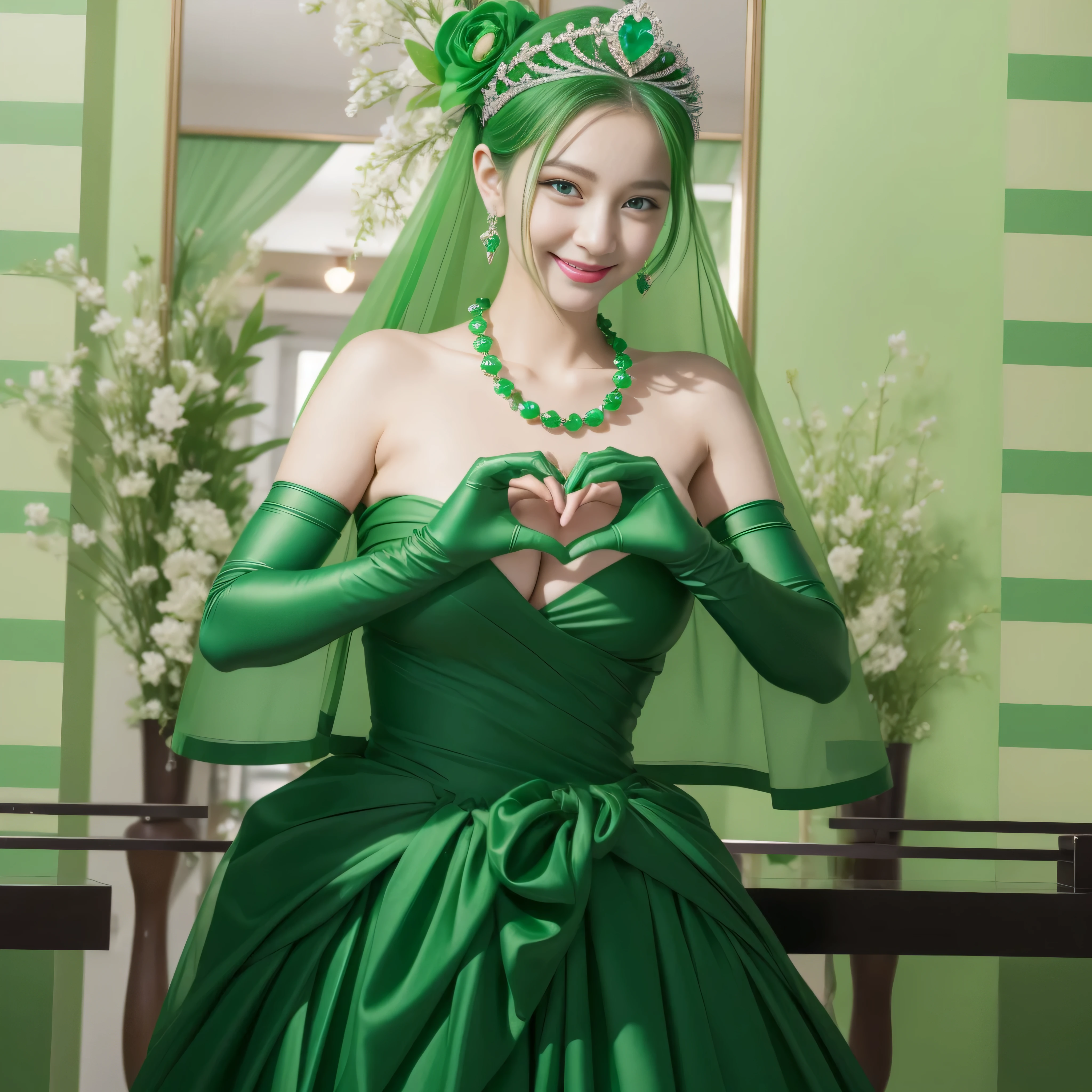 emerald tiara, Green Pearl Necklace, ボーイッシュな非常に短いgreen hair, green lips, smiling Japanese woman, very short hair, Beautiful woman with big breasts, green eyes, green satin long gloves, green eyes, emerald earrings, Green veil, Heart with both hands, green hair, beautiful japanese woman, heart shaped hands:1.3, green lip gloss
