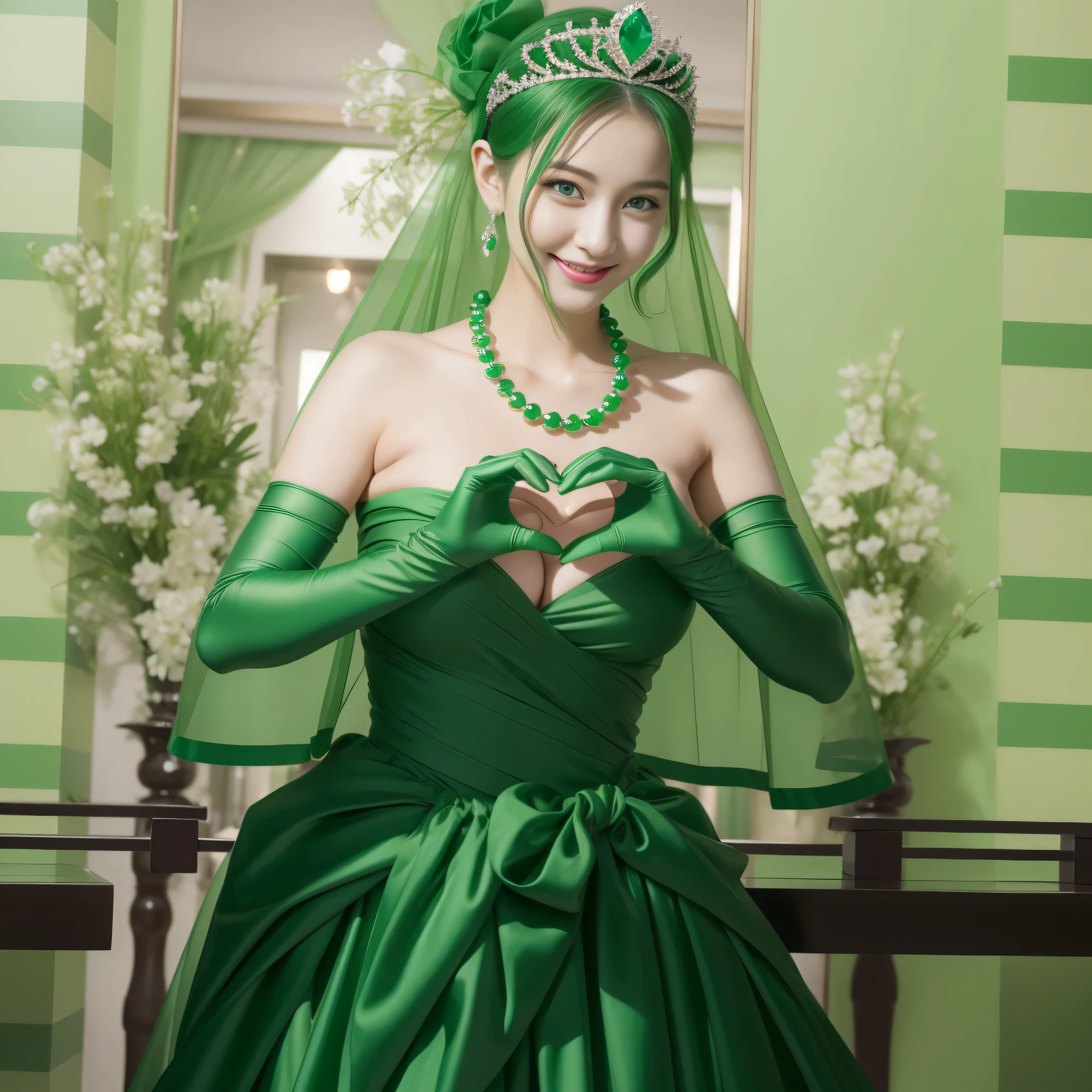 emerald tiara, Green Pearl Necklace, ボーイッシュな非常に短いgreen hair, green lips, smiling Japanese woman, very short hair, Beautiful woman with big breasts, green eyes, green satin long gloves, green eyes, emerald earrings, Green veil, Heart with both hands, green hair, beautiful japanese woman, heart shaped hands:1.3, green lip gloss