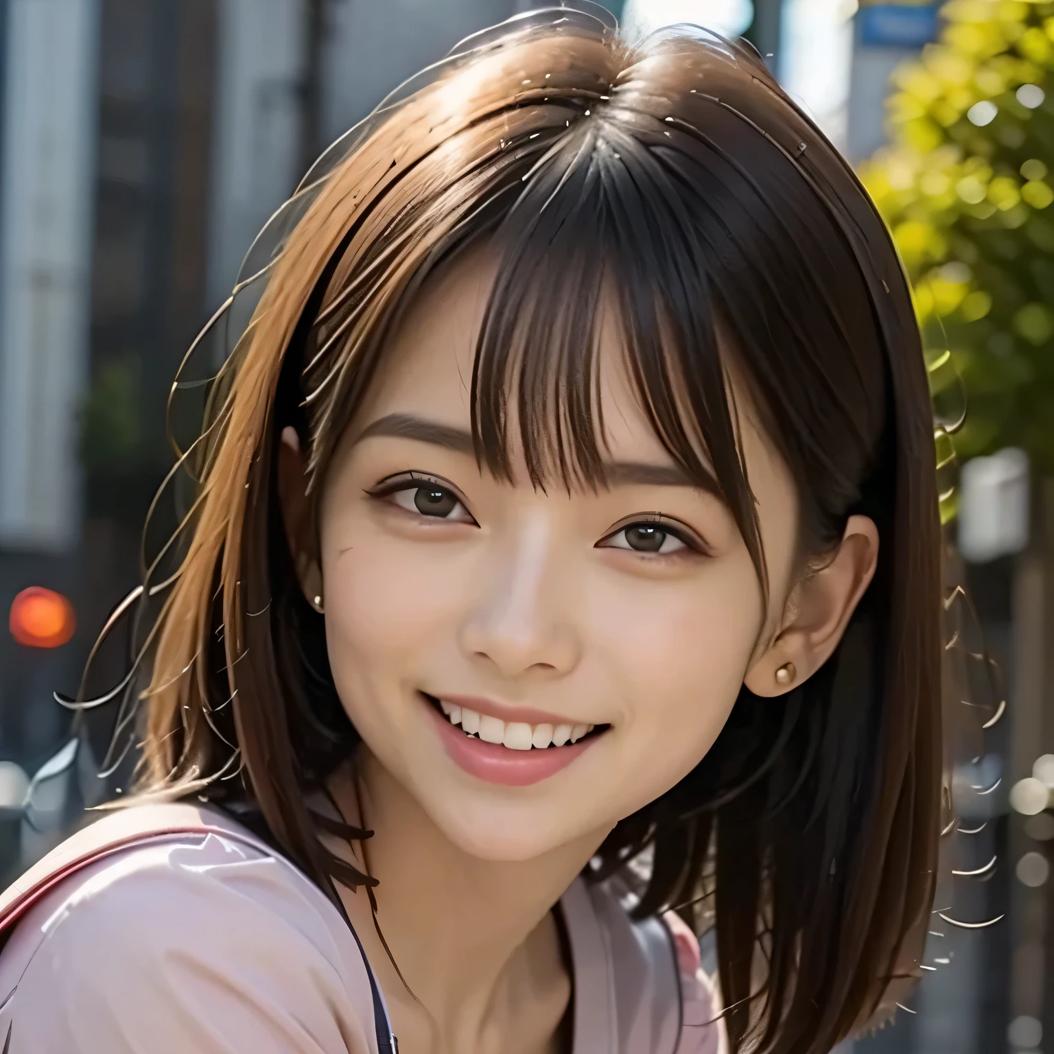 (Photoreal:1.4), (Super detailed), (highest quality), (best shadow), (masterpiece), ultra high resolution, 1 female, beautiful ripe year, brunette bob, (pink blouse), (big breasts), smile, written boundary depth, perfect lighting, With background: (Tokyo Ginza street)