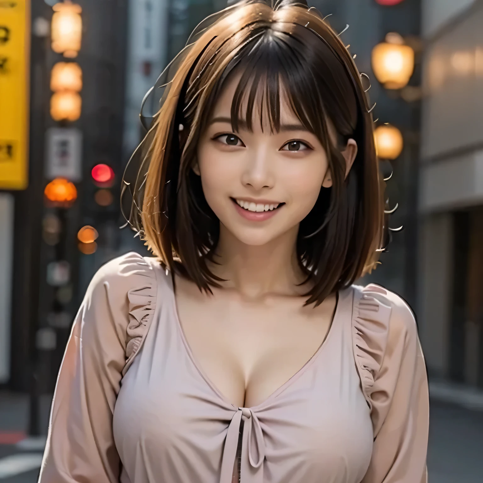 (Photoreal:1.4), (Super detailed), (highest quality), (best shadow), (masterpiece), ultra high resolution, 1 female, alone, beautiful ripe year, (brunette bob), ((pink blouse)), (big breasts), smile, written boundary depth, perfect lighting, With background: (Tokyo Ginza street)