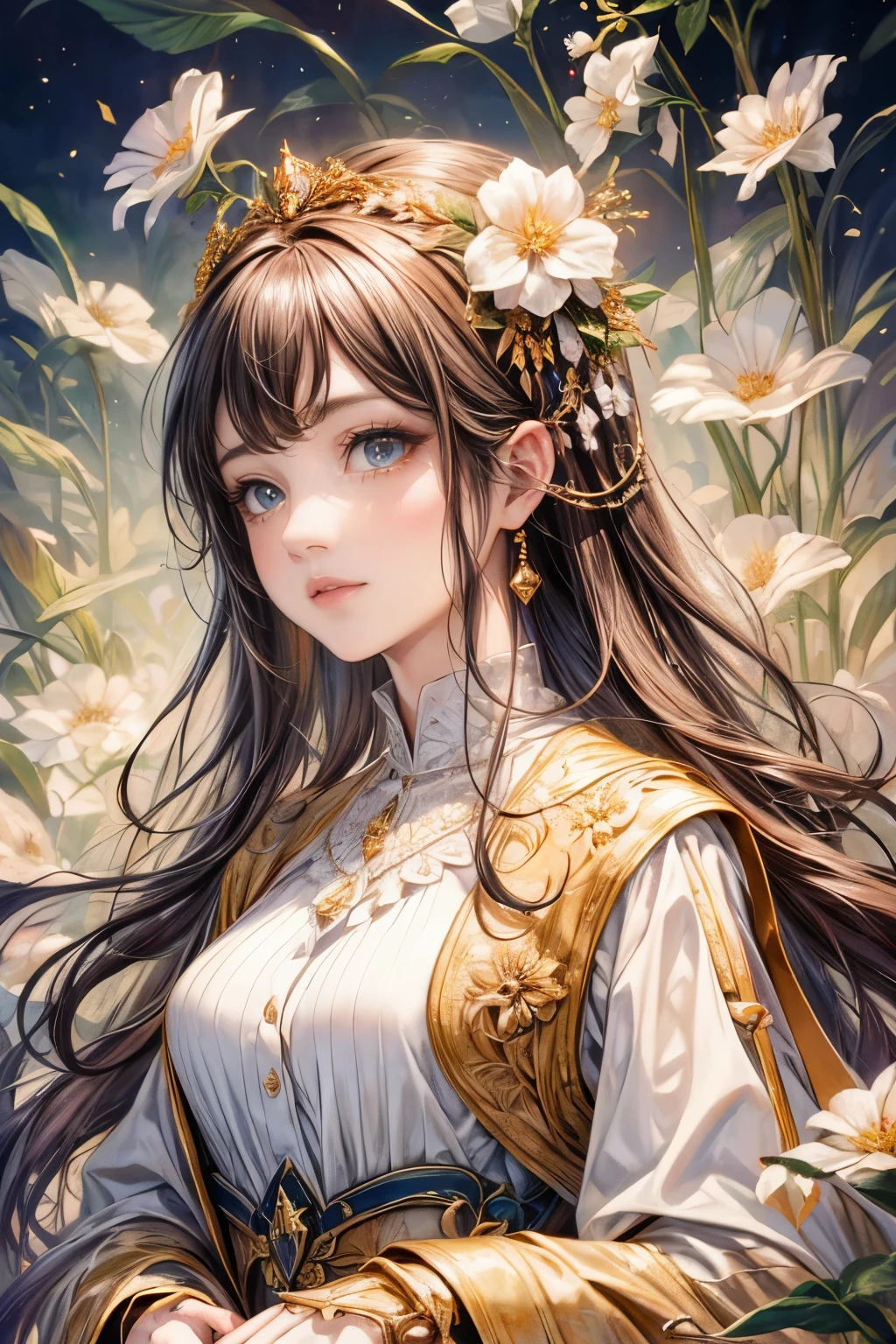 (best quality,8k,CG),upper body details,lone girl,floral forest background, intricate facial features,elegant long curly hair,almond-shaped big eyes,detailed eye makeup,long fluttery lashes,sparkling stars,exquisite lip details,soft and harmonious style