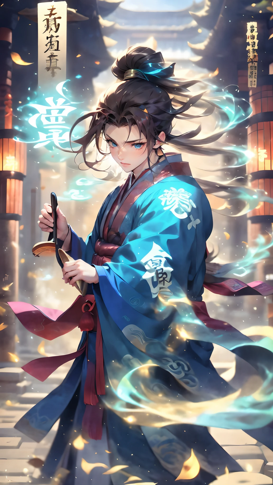 (masterpiece, best quality:1.2),Wen Dao Sheng Zun, blue eyes,1boy,Glowing Text,Energy Text,Transparent text,Surrounding Blue Energy Fluid and Energy Text,Multiple light spots,smoke,Combat posture,dawn,Holding a brush in hand,Upper body,The ancient Chinese architecture behind it,Blue and red Hanfu, electricity, holding, long hair, long sleeves, magic, male focus,High ponytail, solo, wide sleeves,Bundled hair,wind