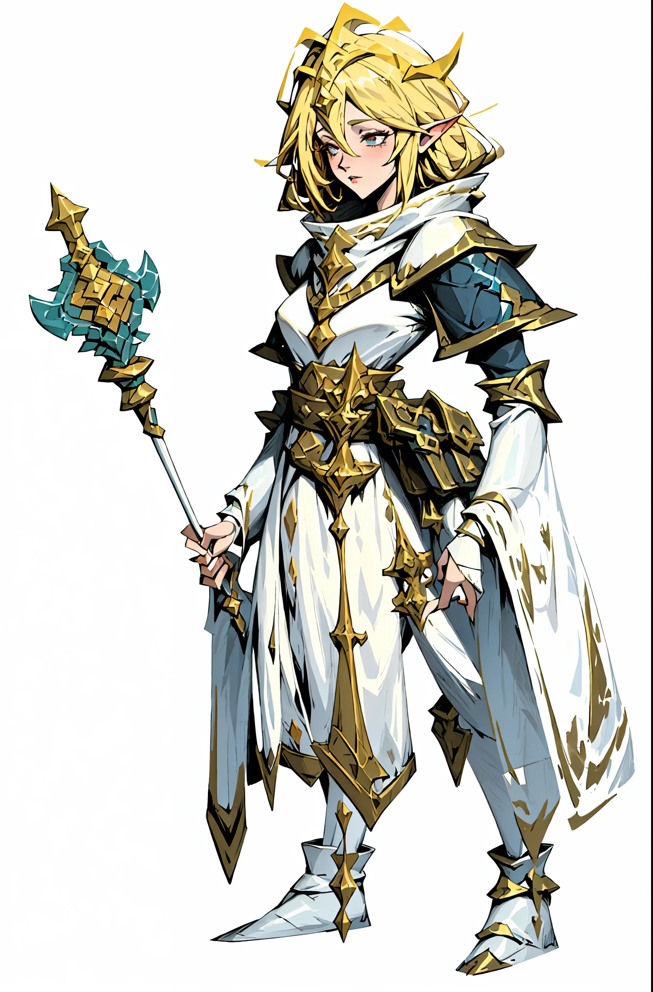 Cartoon image of a woman wearing white and gold clothing holding a stick, female Priest, pretty female Priest, Priest, dressed like a Priest, female mage, female mage!, Epic Mage Girl Character, female earth mage, Witch, portrait of a female mage, Paladin, heavy white and gold armor, picture of Paladin, final fantasy tactical characters，Less characterization，flat，robe，fingers intact