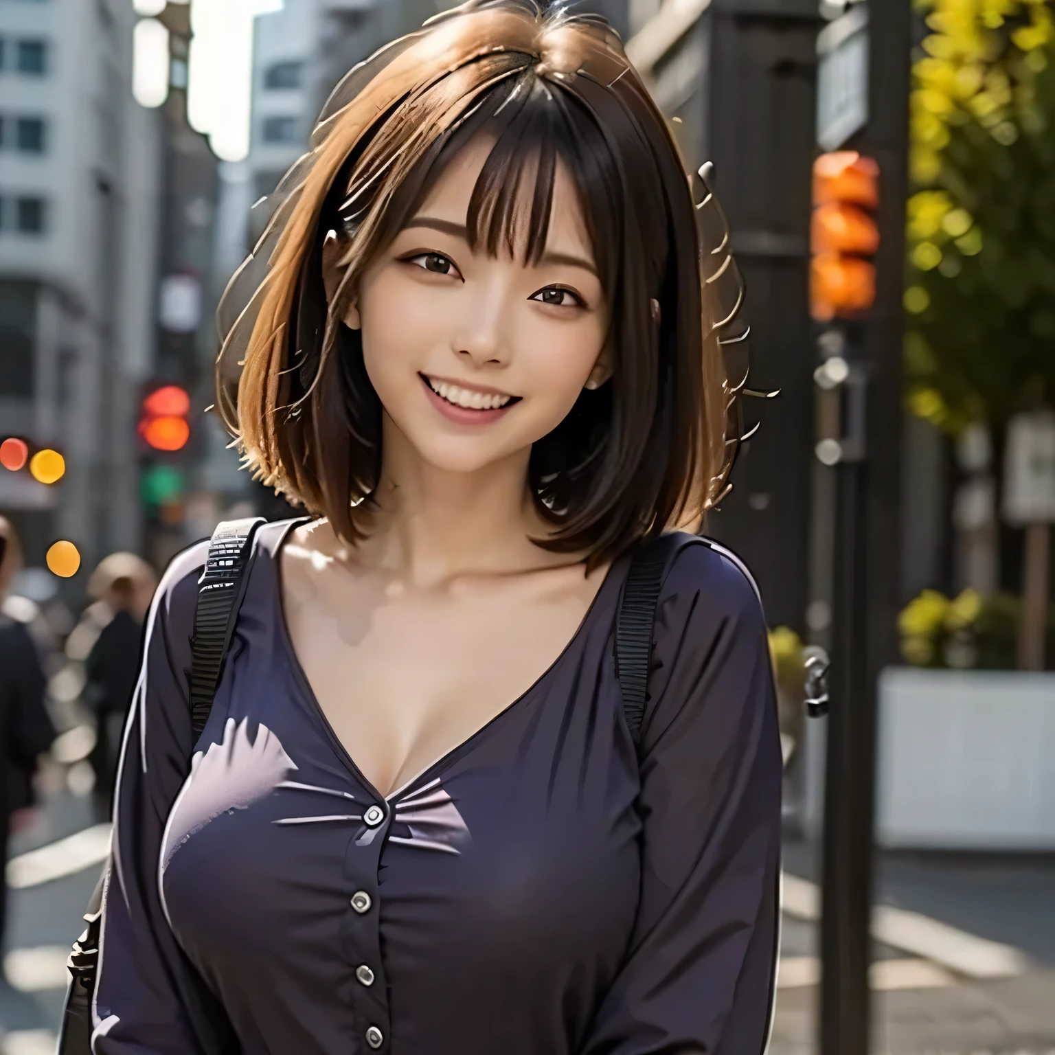 (Photoreal:1.4), (Super detailed), (highest quality), (best shadow), (masterpiece), ultra high resolution, 1 female, alone, beautiful ripe year, (brunette bob), ((purple blouse)), (big breasts), smile, written boundary depth, perfect lighting, With background: (Tokyo Ginza street)