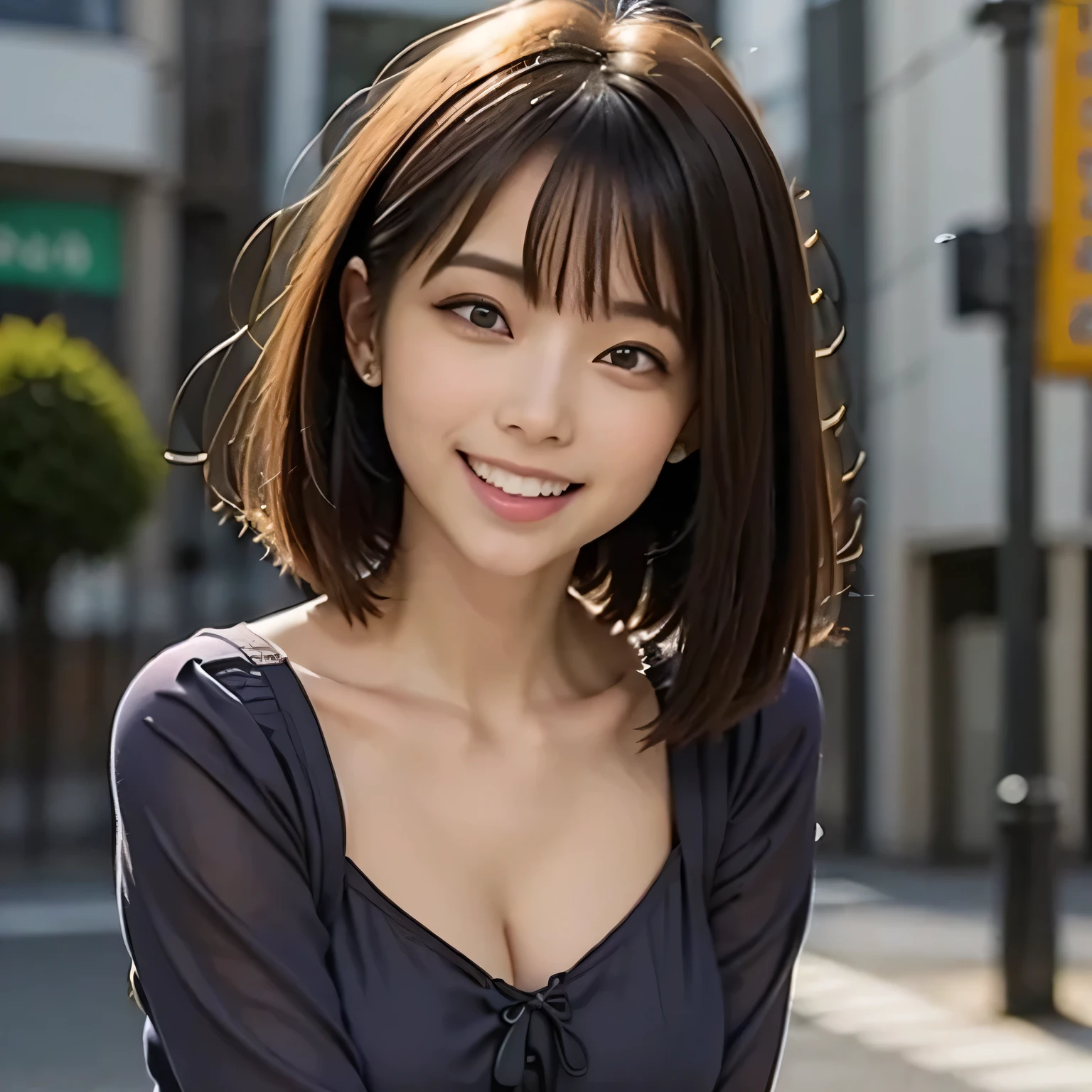 (Photoreal:1.4), (Super detailed), (highest quality), (best shadow), (masterpiece), ultra high resolution, 1 female, alone, beautiful ripe year, (brunette bob), ((purple blouse)), (big breasts), smile, written boundary depth, perfect lighting, With background: (Tokyo Ginza street)