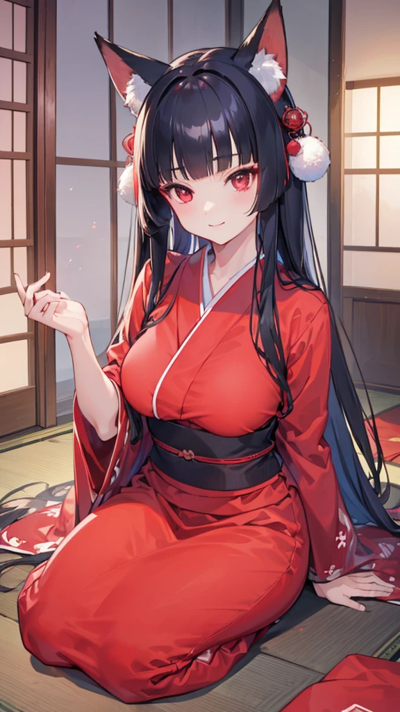 (8K、Highest image quality、highest quality、masterpiece)、detailed face、1 girl、black hair、hime cut、long hair、red eyes、smile、big breasts、red kimono、whole body、seiza、cross arms in front、Japanese room background background
