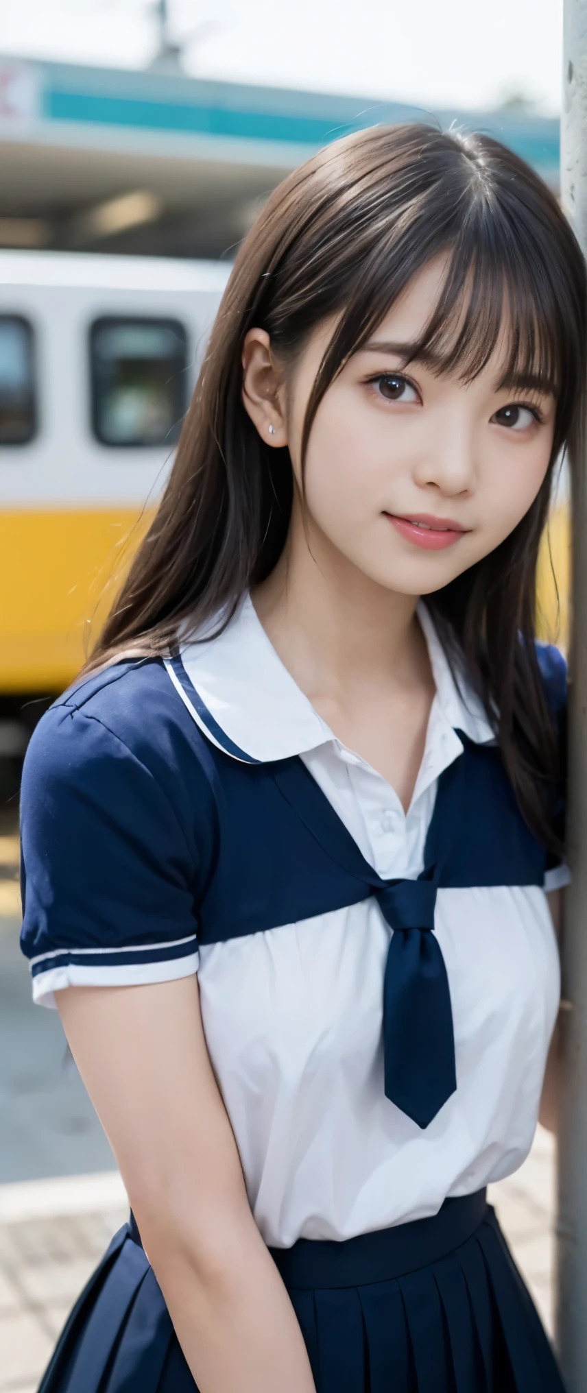 (masterpiece, highest quality:1.2), 8k, 12才のfull nudeの女の子, 85mm,Official AR RAW photo, スーパースリムなスレンダーbeautiful girl, (When I lift up my short navy blue skirt、下Half bodyfull nude、short sleeveの白シャツ、show me your ears、naked girl photoshoot、full nude, cute face, close, Half body, Biolace, gardenia, beautiful girl, school uniform,  Bind your neck with a rope, thighs, short sleeve, stand on the station platform, looking at the viewer, no makeup, (big smile), film grain, chromatic aberration, sharp focus, face light, clear lighting, Ten generations, detailed face, background bokeh, (dark red tie:1.1)、((((((12 year old girl))))))、((((((12才のfull nude女子高生)))))、thin waist、lowered from above the front