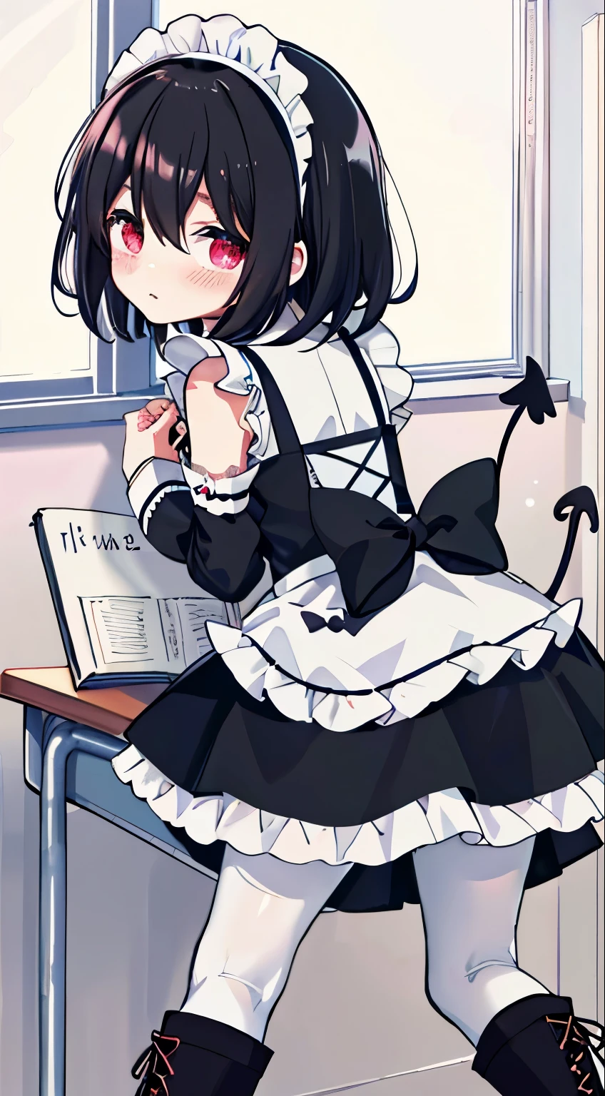 loli，short black hair，maid outfit，Black lace-up boots，white pantyhose，blush shy，classroom scene，demon