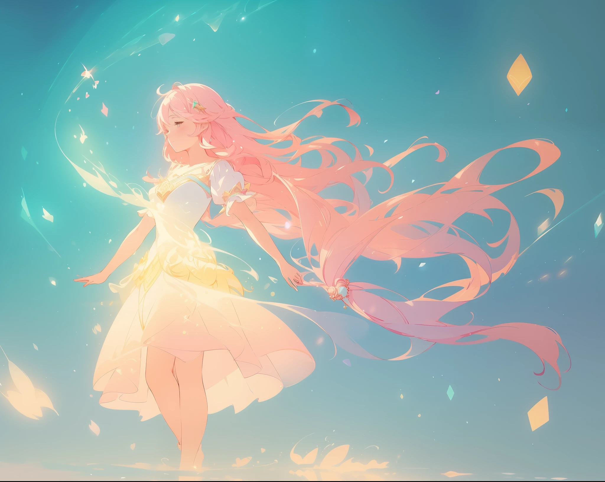 beautiful girl in puffy white tutu dress, vibrant pastel colors, (colorful), magical lights, long flowing pink hair, inspired by Glen Keane, inspired by Lois van Baarle, disney art style, by Lois van Baarle, glowing aura around her, by Glen Keane, jen bartel, glowing lights! digital painting, flowing glowing hair, glowing flowing hair, beautiful digital illustration, fantasia background, whimsical, magical, fantasy, beautiful face, ((masterpiece, best quality)), intricate details, highly detailed, sharp focus, 8k resolution, sparkling detailed eyes, liquid watercolor