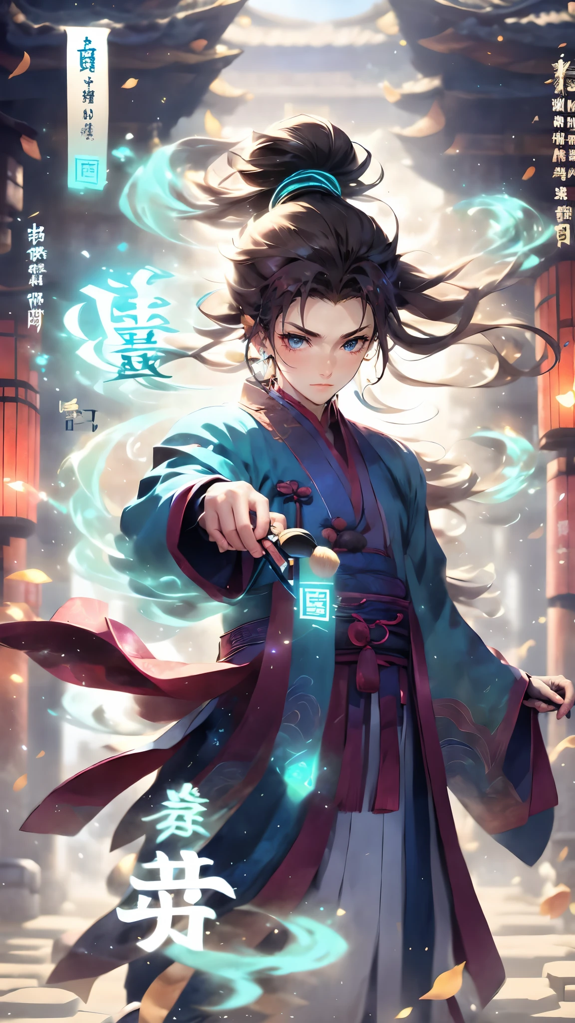 (masterpiece, best quality:1.2),Wen Dao Sheng Zun, blue eyes,1boy,Glowing Text,Energy Text,Transparent text,Surrounding Blue Energy Fluid and Energy Text,Multiple light spots,smoke,Combat posture,dawn,Holding a brush in hand,Upper body,The ancient Chinese architecture behind it,Blue and red Hanfu, electricity, holding, long hair, long sleeves, magic, male focus,High ponytail, solo, wide sleeves,Bundled hair,wind