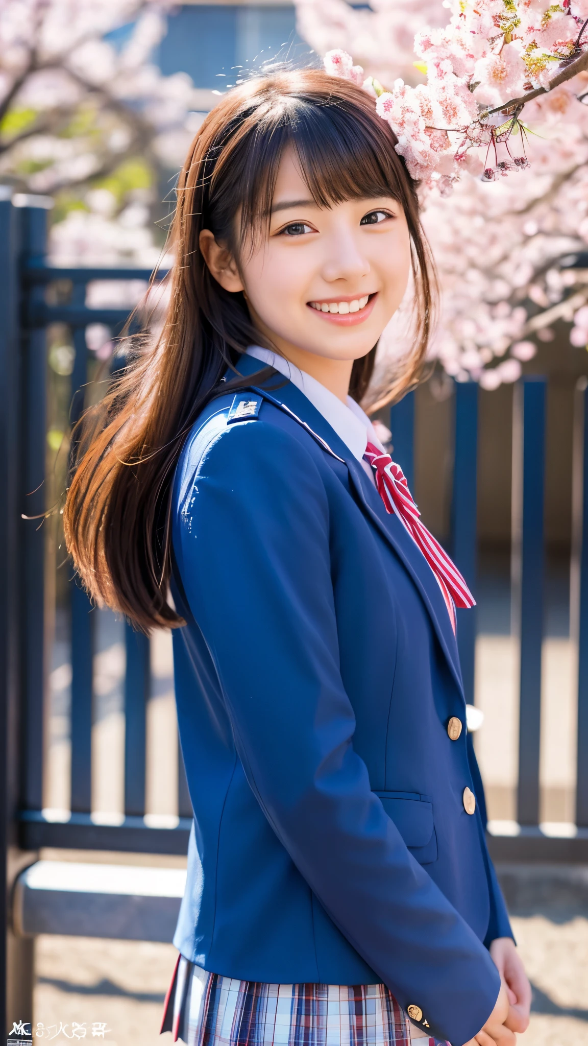 (photo realistic:1.4), (hyper realistic:1.4), (realistic:1.3), (smoother lighting:1.05), (Improve the quality of cinematic lighting:0.9)、natural light、Cherry blossom trees in full bloom、A girl in a uniform standing in front of the school gate、美しいhigh school girl、Highly detailed official artwork、realistic 3d style、超realistic、(Like a smile that makes you smile)、beautiful girl、fascinating look、smiling woman、high school girl, Blue Blazer、school uniform、white shirt、red tie