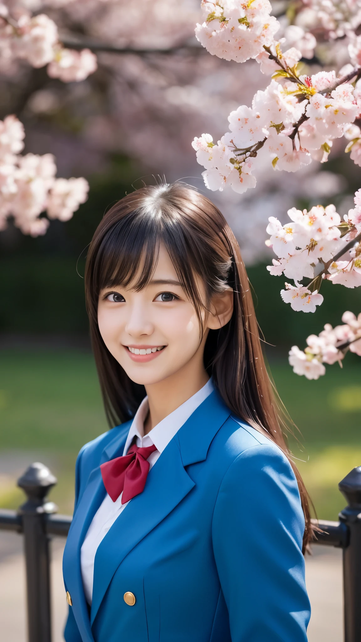 (photo realistic:1.4), (hyper realistic:1.4), (realistic:1.3), (smoother lighting:1.05), (Improve the quality of cinematic lighting:0.9)、natural light、Cherry blossom trees in full bloom、A girl in a uniform standing in front of the school gate、美しいhigh school girl、Highly detailed official artwork、realistic 3d style、超realistic、(Like a smile that makes you smile)、beautiful girl、fascinating look、smiling woman、high school girl, Blue Blazer、school uniform、white shirt、red tie