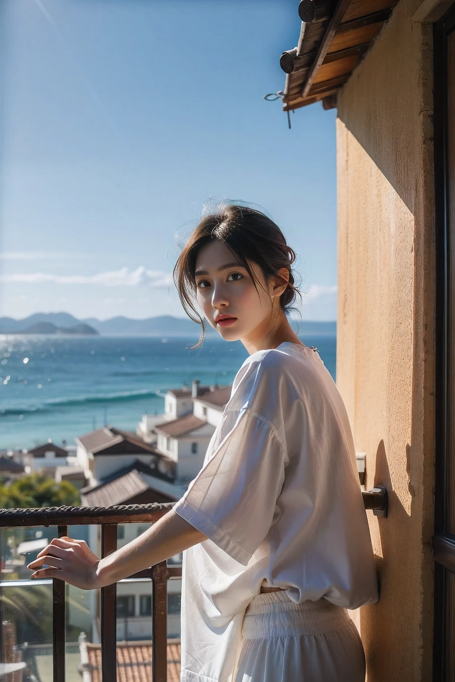 Realistic photography, Taiwanese women with short hair ,Balcony of a seaside vacation home