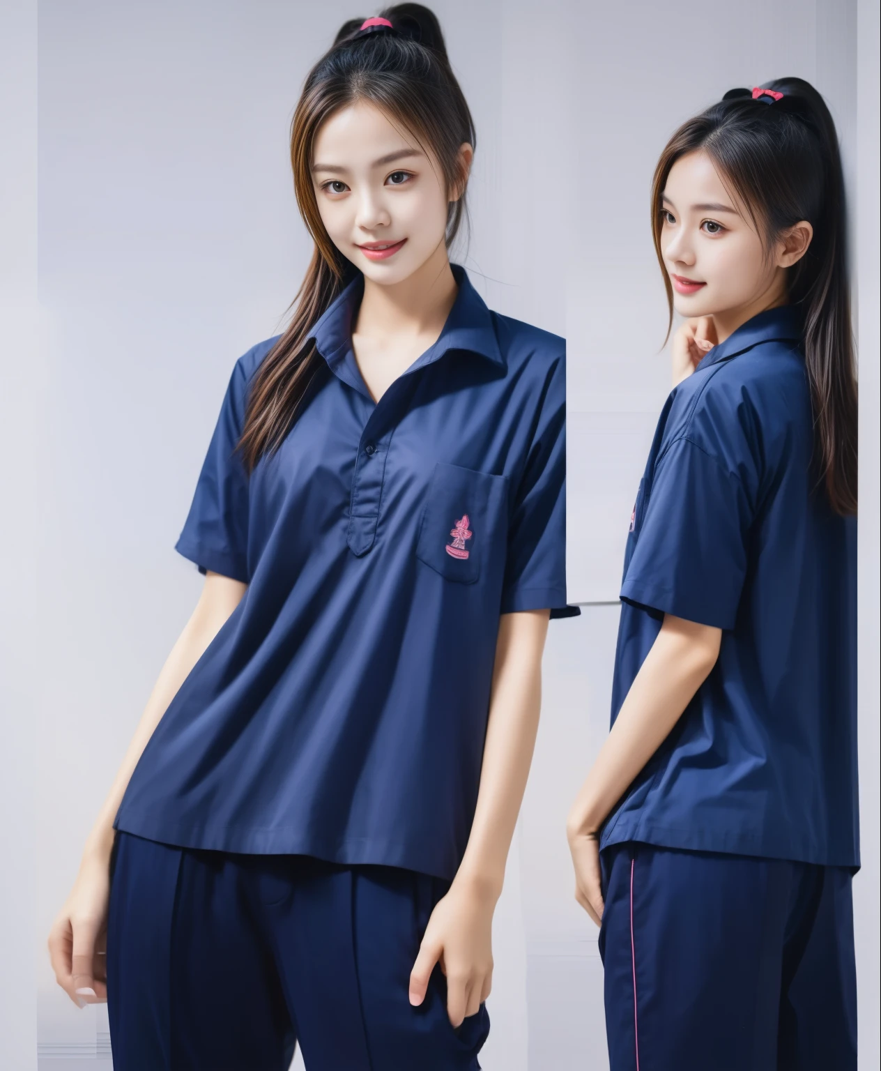 (best quality,10,10,height,Masterpiece:1.2),Special details,(realistic,ภาพrealistic,Realistic photos:1.37),1 Cute girl in the kitchen,shiny, ผิวshiny,only,smile softly,BDclothelue shirt:1.3)),short sleeve,shirt, กางเกงขาlong.,(navy_long_track pants:1.1), ((Kitchen Background)),Dynamic angle,excited,Face focus,dynamic poses,from behind,focus on ass,Masterpiece, best quality, ultra realistic, hyper-detail, 8K resolution, raw photos, Sharp focus, ((Navy blue shirt:1.1)), short sleeve, เส้นทางlong, perfect body, 2 mature women, 18 years old, Cinema-grade lighting system,blue sweatpants,shirtผ้าออกกำลังกาย,correct anatomy,perfect body, correct body, Sharp face, correct bodyทางกายวิภาค, full body, realistic gestures, long-haired, realistic poses,Wear long shorts...........................,ช่วงขาlong,Good shape,carved girl, Slender figure, model, Good shape, beautiful body,blue sweatpants, two girls kissing