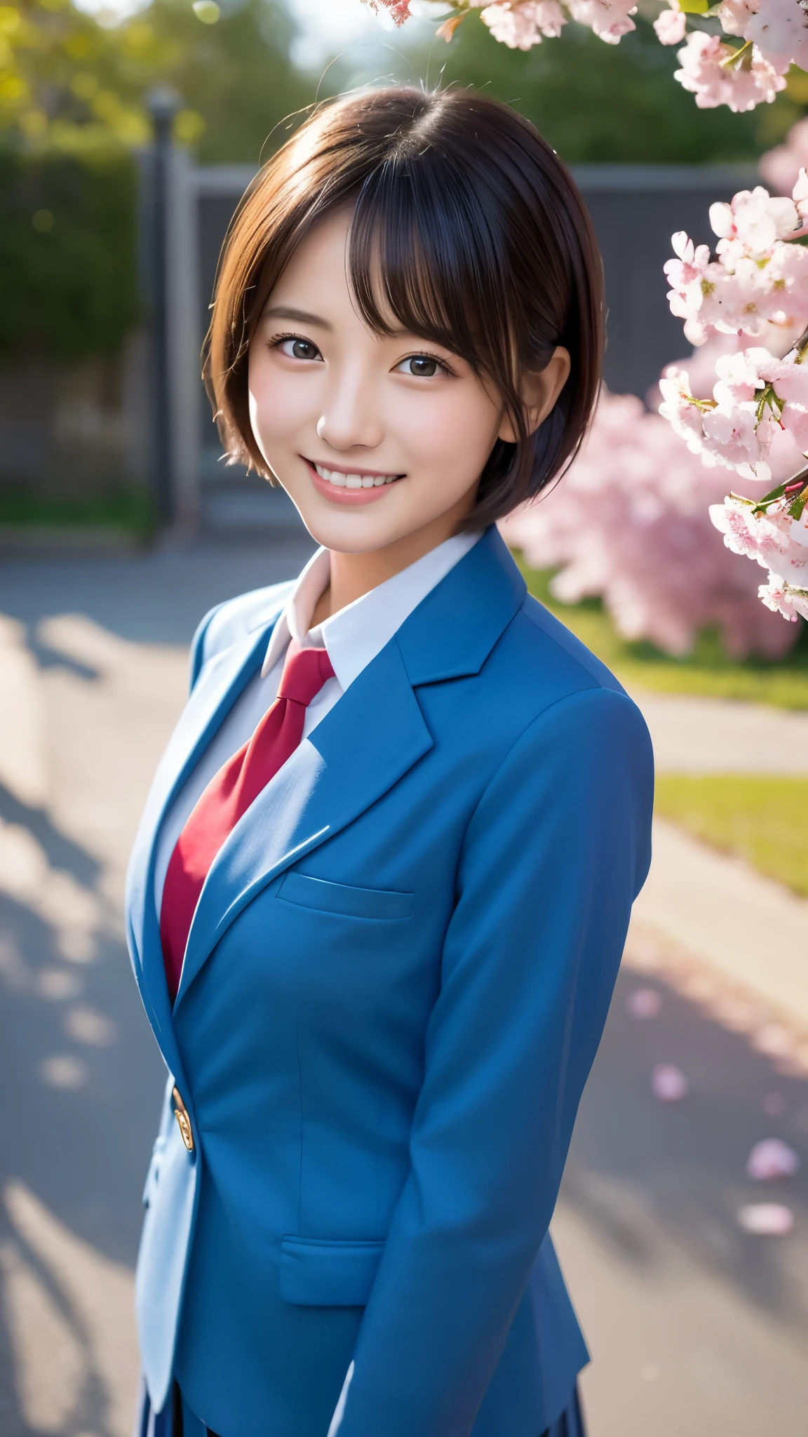 (photo realistic:1.4), (hyper realistic:1.4), (realistic:1.3), (smoother lighting:1.05), (Improve the quality of cinematic lighting:0.9)、natural light、Cherry blossom trees in full bloom、A girl in a uniform standing in front of the school gate、美しいhigh school girl、Highly detailed official artwork、realistic 3d style、超realistic、(Like a smile that makes you smile)、cute eyes、short hair beautiful girl、fascinating look、smiling woman、high school girl, Blue Blazer、school uniform、white shirt、red tie