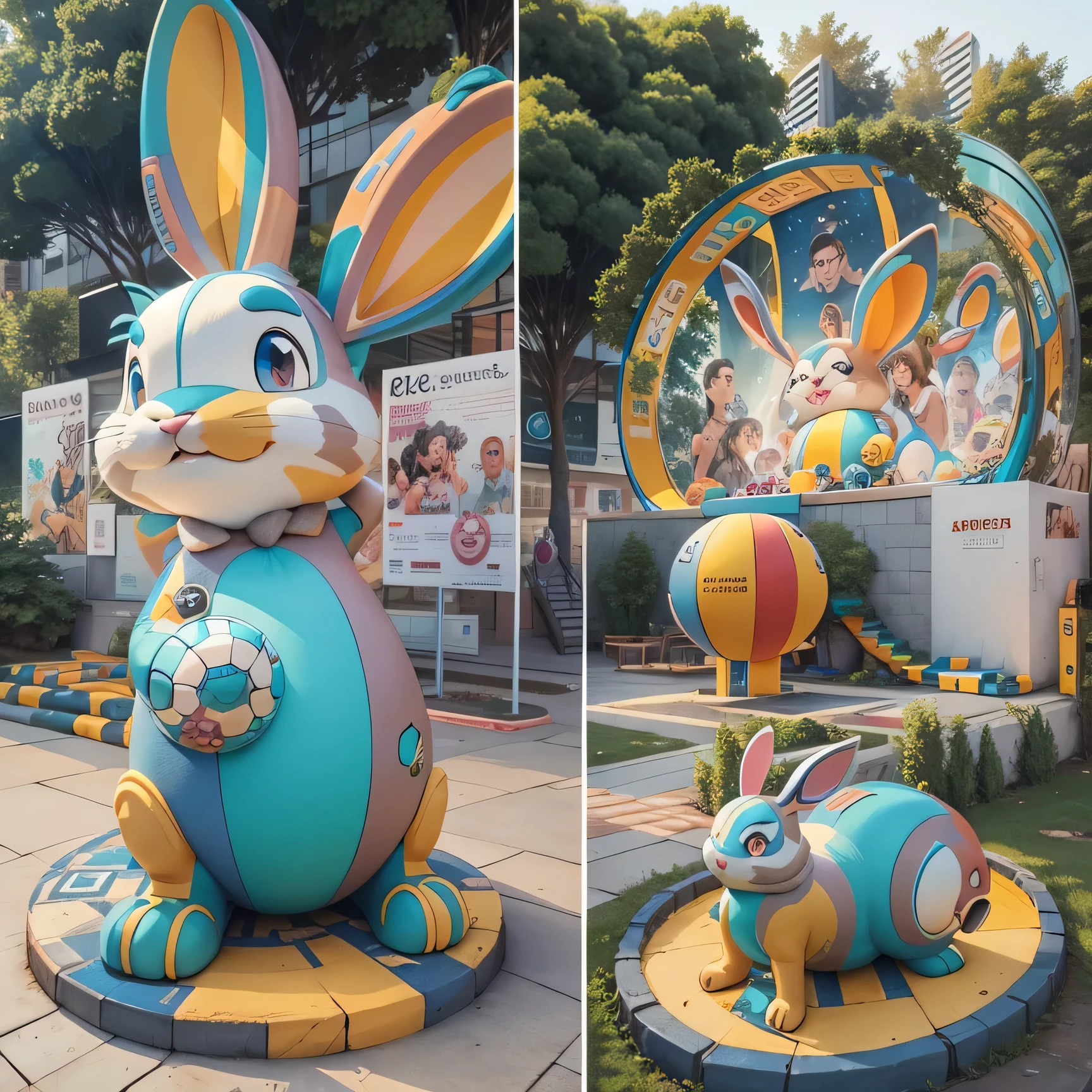 Giant cute animal cartoon art installation，Colorful combination，Big rabbit，slideshow，basketball hoop，Various cute elements，Full of innocence, This is a great place to check in and take photos.，3D modeling，In line with the aesthetics of young people，actual，full view，Suitable for commercial exhibition display