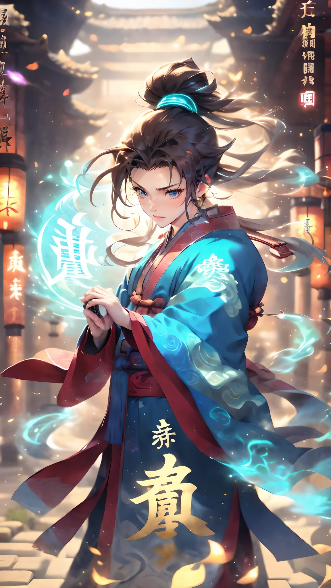 (masterpiece, best quality:1.2),Wen Dao Sheng Zun, blue eyes,1boy,Glowing Text,Energy Text,Transparent text,Surrounding Blue Energy Fluid and Energy Text,Multiple light spots,smoke,Combat posture,dawn,Holding a brush in hand,Upper body,The ancient Chinese architecture behind it,Blue and red Hanfu, electricity, holding, long hair, long sleeves, magic, male focus,High ponytail, solo, wide sleeves,Bundled hair,wind