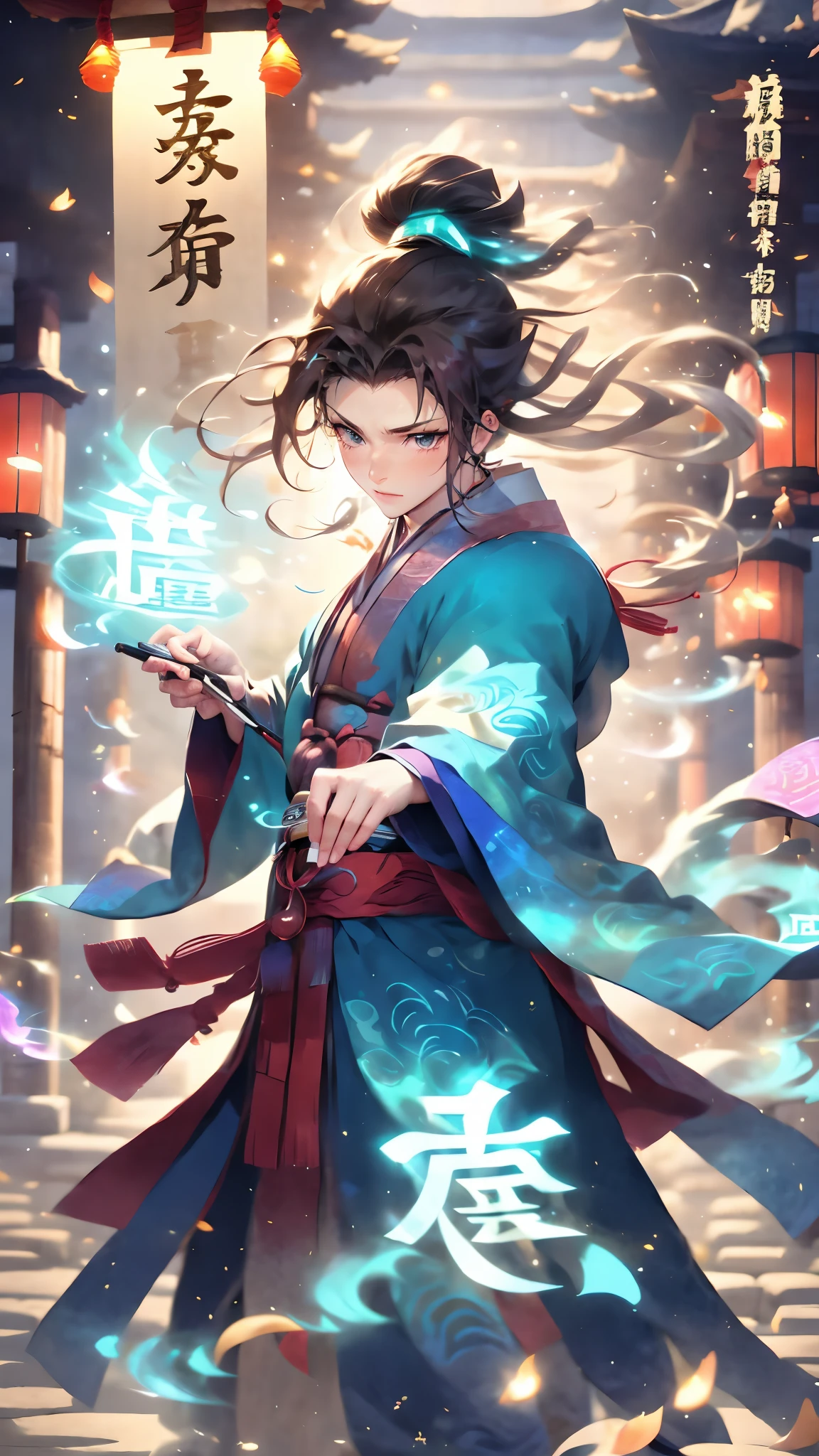 (masterpiece, best quality:1.2),Wen Dao Sheng Zun, blue eyes,1boy,Glowing Text,Energy Text,Transparent text,Surrounding Blue Energy Fluid and Energy Text,Multiple light spots,smoke,Combat posture,dawn,Holding a brush in hand,Upper body,The ancient Chinese architecture behind it,Blue and red Hanfu, electricity, holding, long hair, long sleeves, magic, male focus,High ponytail, solo, wide sleeves,Bundled hair,wind
