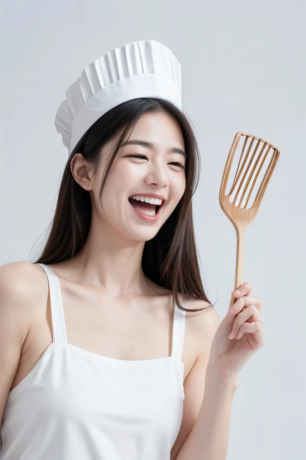 (best quality,8k,ultra-detailed,realistic:1.37),white background,chef,laughing heartily,half-body,holding a spatula,spatula in three-quarter view,fine lines,minimalistic,flat,highly detailed