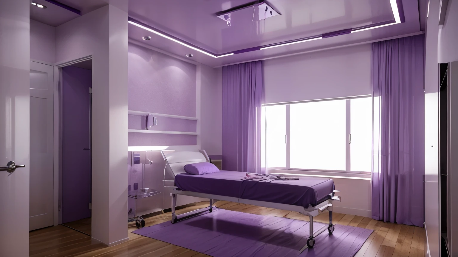 A realistic image of a morgue room with a body envolved in a purple sheet, make the room pure white
