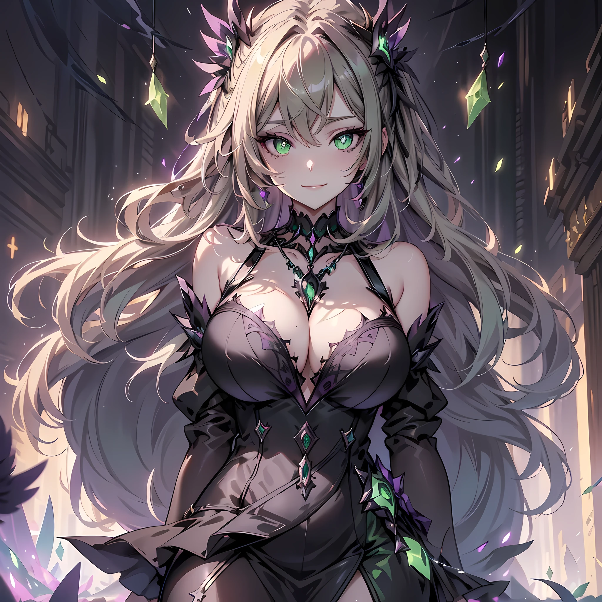 (masterpiece), best quality, expressive eyes, perfect face,Downy,extremely Coloring,Colouring,lady,a mature female,Purple and black dress long dress,Beautiful black dress,Huge ceiling,(Blonde hair, wavy hair),Black Lence socks,Stiletto Sandals, Pink starry sky,Normal posture,Normal posture,smiles,eyepatch,(huge breasts 1.5),(thigh gap 1.5),cleavage,smiles,necklace,bracelets, bangles, eyeshadows, eye liner,glistening eyes, hyper detailed eyes, intricate eyes, beautiful eye, ((glowing green pupils))、((black wings:1.2)),seductive pose